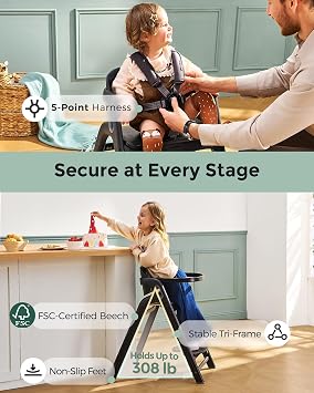 Momcozy 5-in-1 Wooden High Chair for Babies & Toddlers, Midnight Black | Convertible for Babies, Toddlers and Adults up to 308 Lbs, Food-Grade Tray, Dishwasher-Safe, Adjustable and Ergonomic