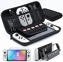 Switch OLED Accessories Bundle - amFilm TechMatte 3-in-1 Essential Kit with Carrying Case, 2 Glass Screen Protectors, Designed for Nintendo Switch OLED Model 2021, Classic Black