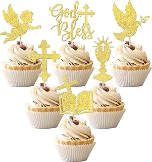 24 PCS God Bless Cupcake Toppers Glitter Dove Angel Chalice Bible Cross Cupcake Picks God Christian Baptism First Communion Theme Baby Shower Birthday Party Cake Decorations Supplies Gold