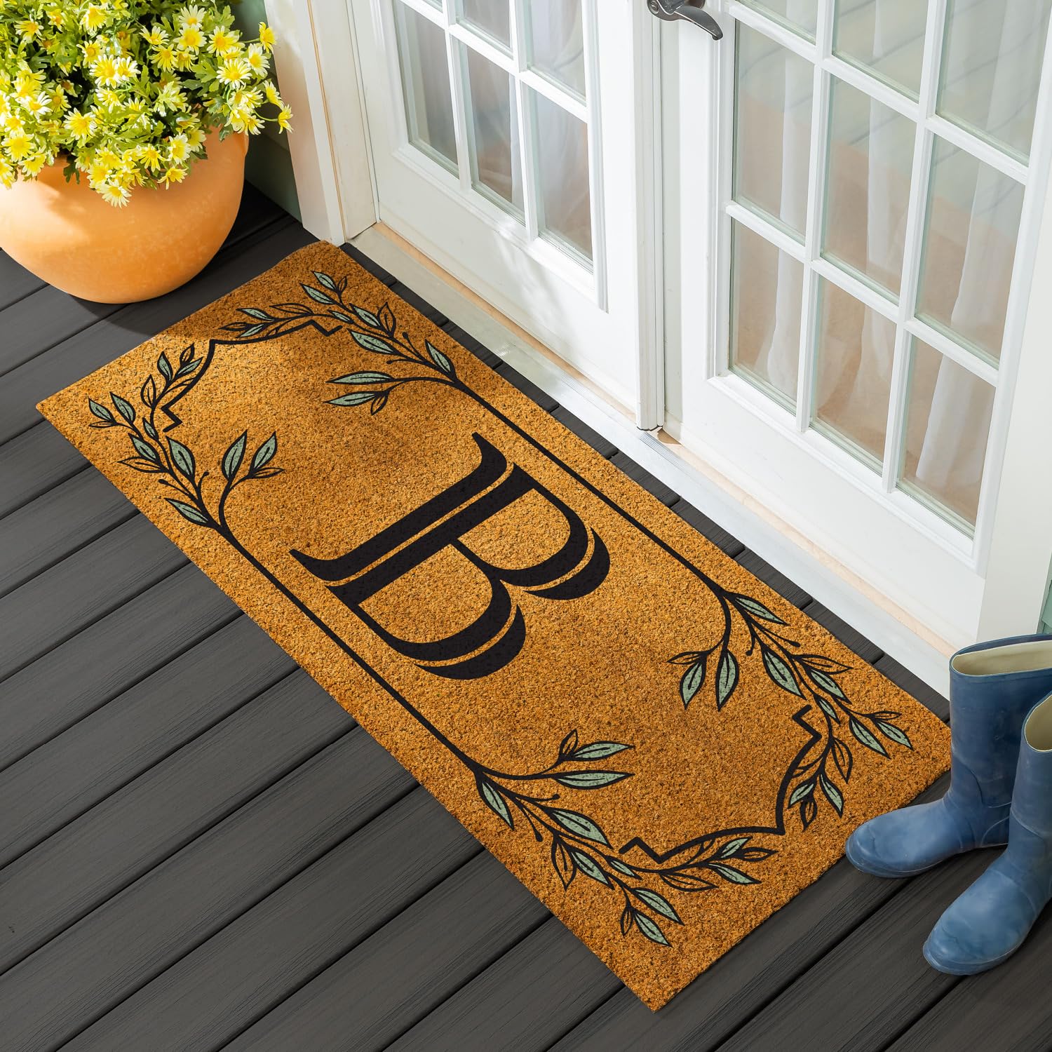 Evergreen Monogram Extra Large Coir Doormat, 60x24 Inches Front Door Mat, Outdoor Indoor Entrance Rug, Non-Slip Welcome Mat for Double Doors Porch
