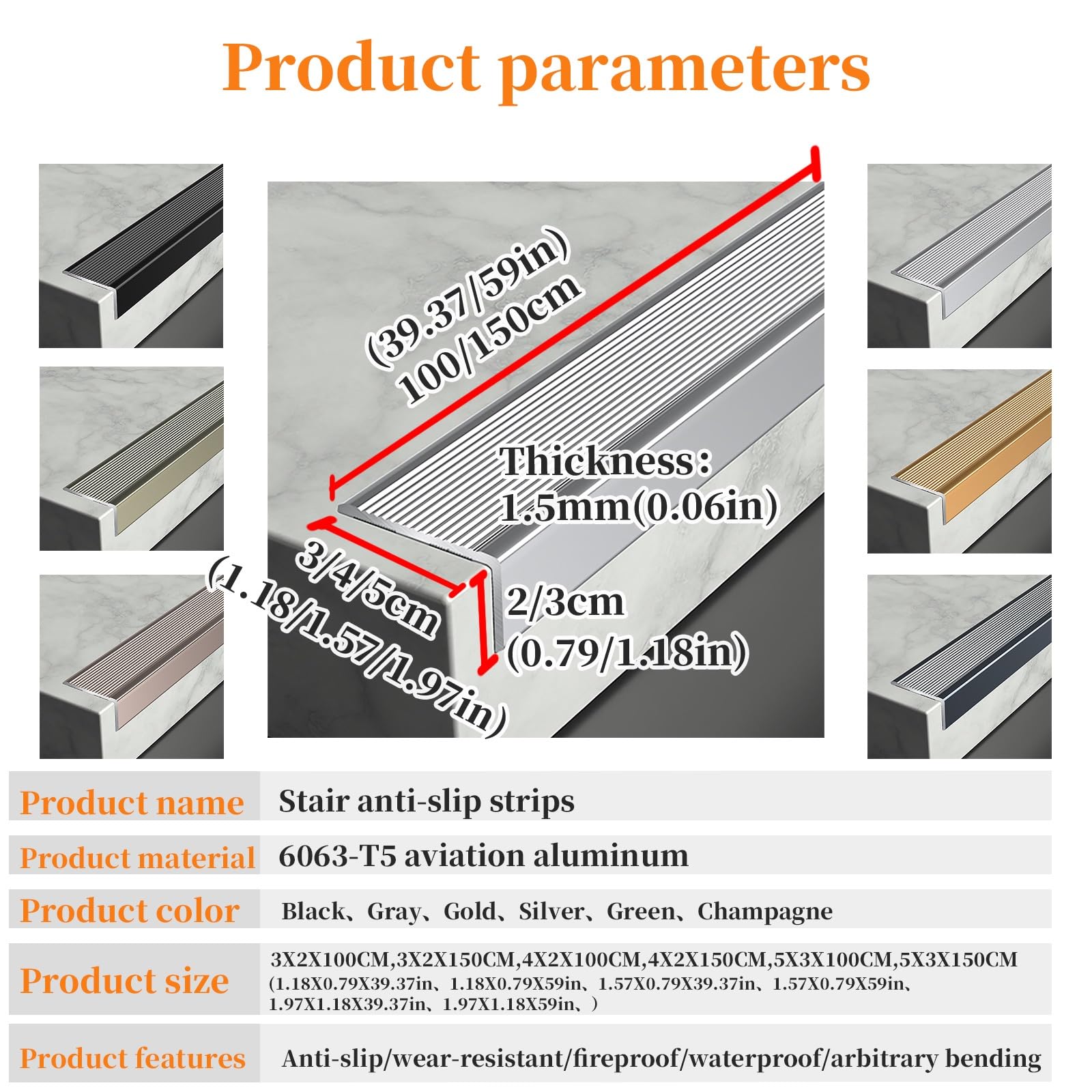 FORRTY Tiras antideslizantes de aleación de aluminio para escaleras,Protector de borde de escalera,Tiras antideslizantes para peldaños,Peldaños adhesivos antideslizantes para escalera,Impermeabl(Plata