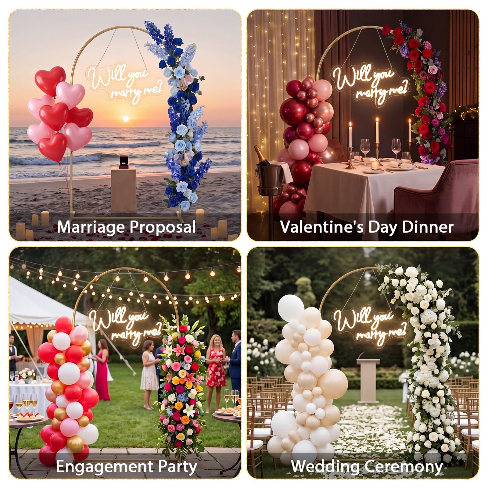 Coume 2,2 m Hochzeitsantrags-Dekorationsset "Will You Marry Me", Neonschild | Großer Metallbogenständer, 24 Herz-LED-Kerzen, 2000 rote Rosenblätter, für den Außenbereich, Antrag, Hochzeit, Verlobung