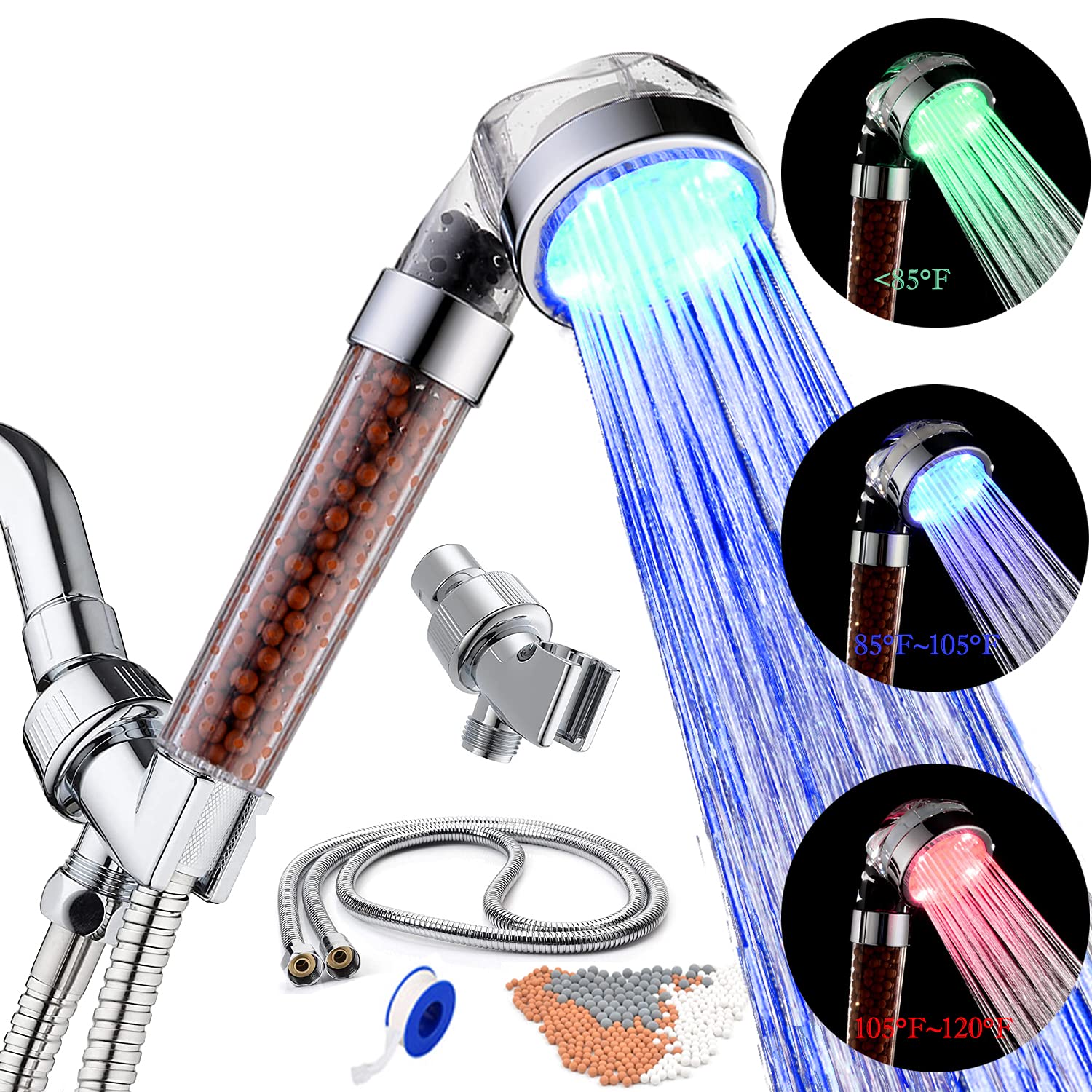SEANADO LED Shower Head Handheld with Hose,Replacement Filter and Shower Bracket，Rainfall Colors Changing High Pressure Spray Filter Showerheads Color Changes with Water Temperature Waterproof Lights…
