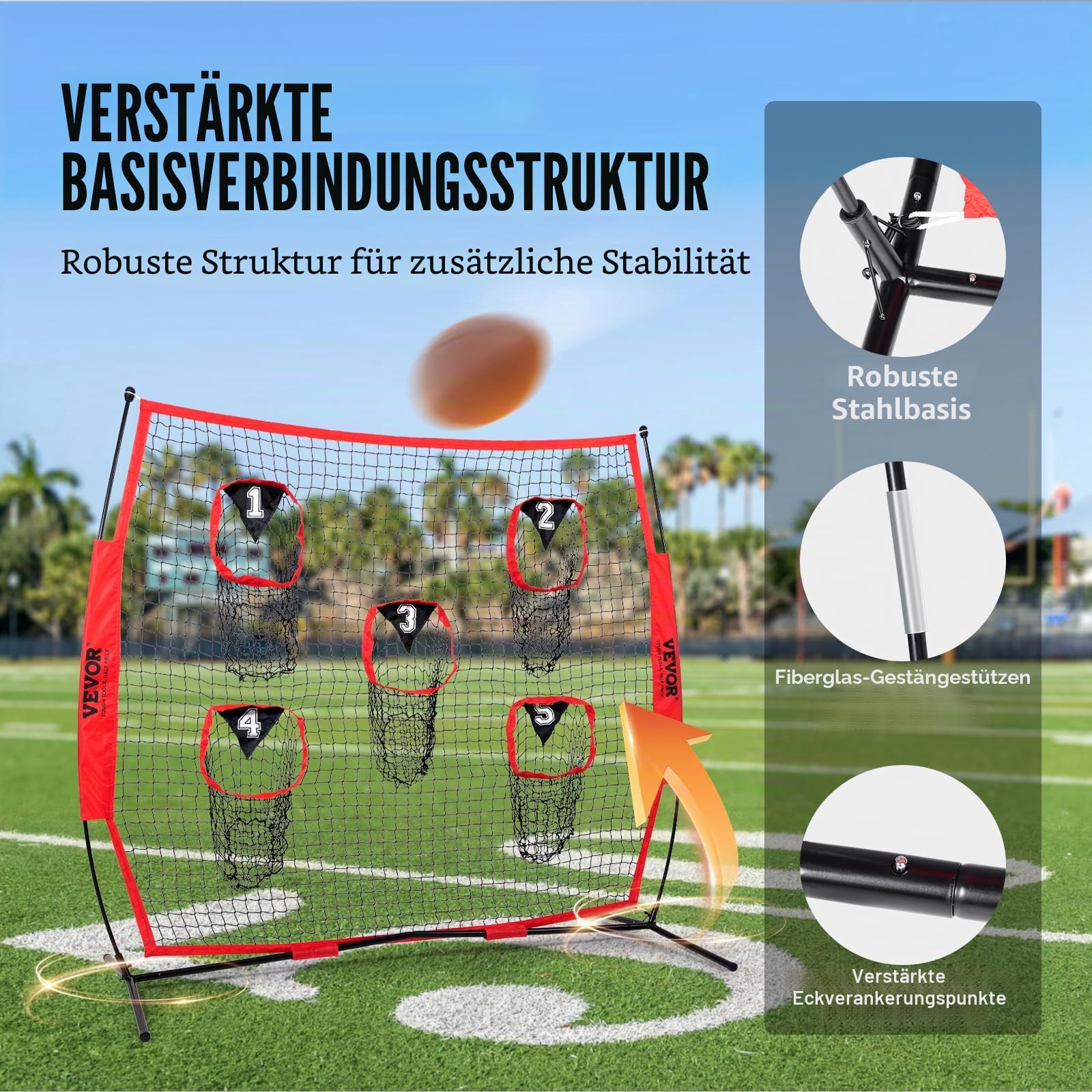 VEVOR Fußballtrainer-Wurfnetz 217x125,5x223 cm mit 5 Zieltaschen, knotenloses Netz, Bogenrahmen & Tragetasche