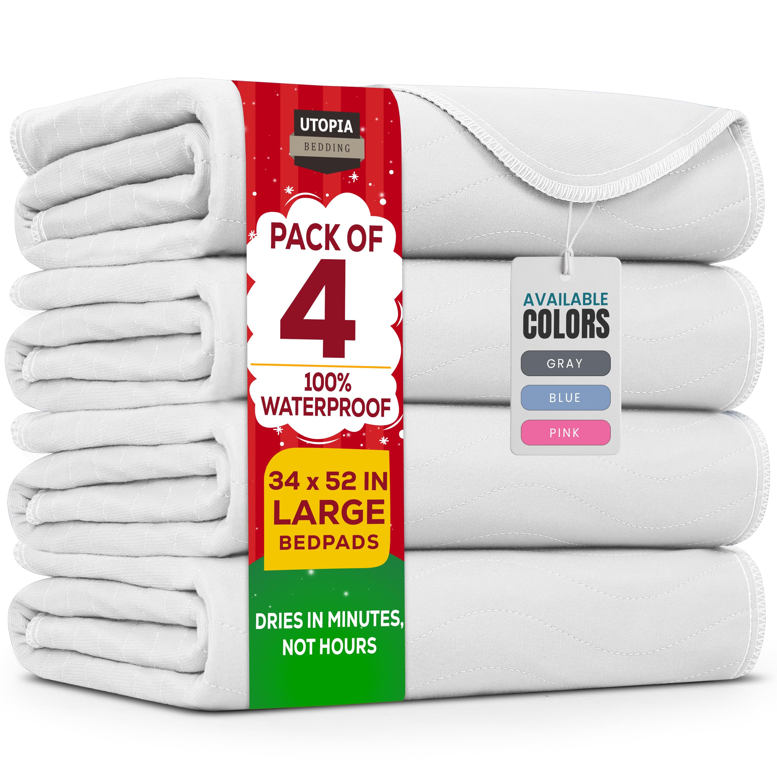 Utopia Bedding (Pack of 4) Waterproof Incontinence Pads Quilted Washable & Absorbent Bed Pad for Adults and Kids 34 x 52 inches (White)