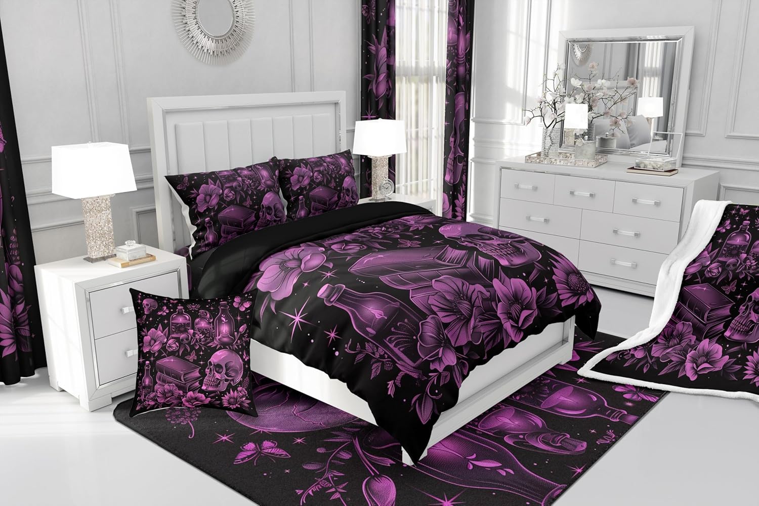 Feelyou Halloween Theme Sugar Skull Bed in a Bag Gothic Floral Comforter Set with Sheets - 7 Piece Bedding Set - Queen Size Reversible Bed Set
