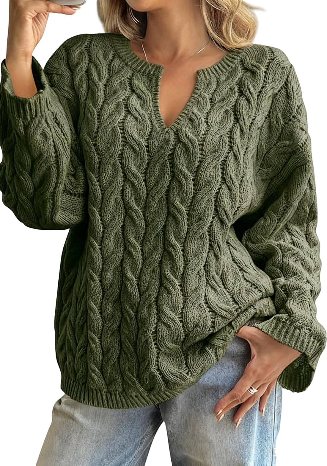 chouyatou Women Fall Notch V-Neck Cable Knit Pullover Sweater Loose Winter Chunky Cozy Sweater Jumper Top