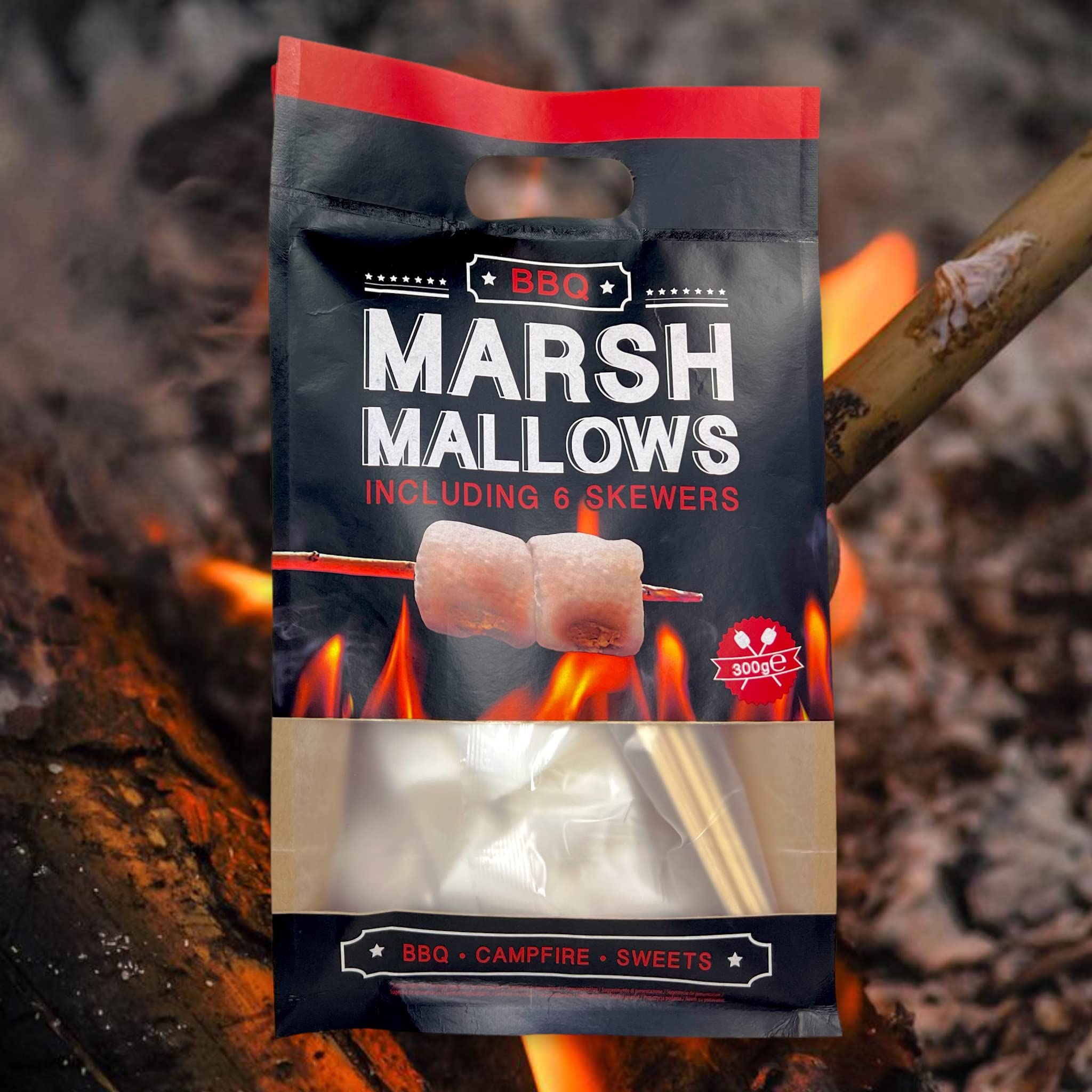 BBQ Marshmallows – Barbecue uczta na słodycze – puszyste, beztłuszczowe i bezglutenowe – cukierek piankowy do przeżyć przy ognisku, worek 300 g z 6 drewnianymi patyczkami – czekoladowe fondue lub