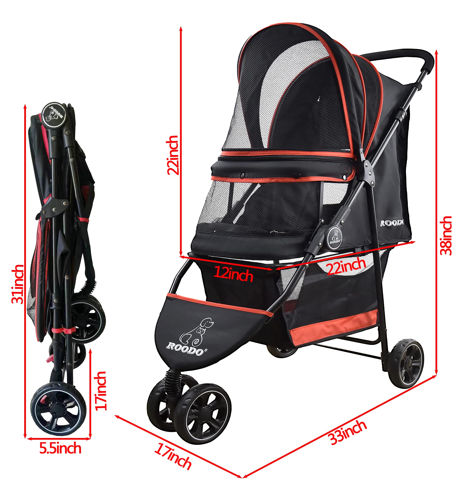 ROODO Dog Stroller 3Wheel Pet Stroller Cat Stroller