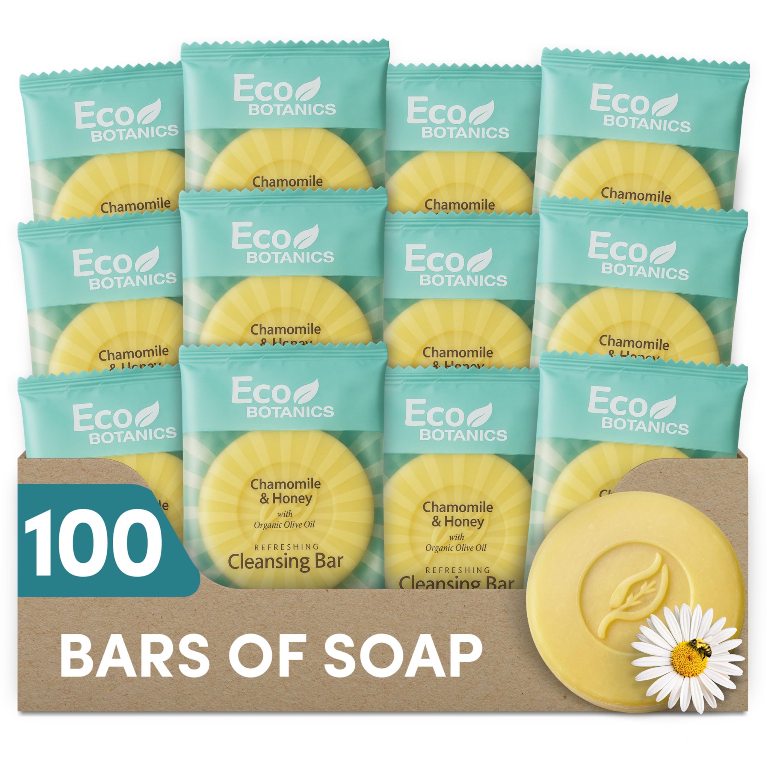 Eco Botanics Travel-Size Cleansing Bars | Individually Wrapped Single‑Use Hospitality & Hotel Amenities 0.5 oz | Case of 100 Thin Mini Soap Bars
