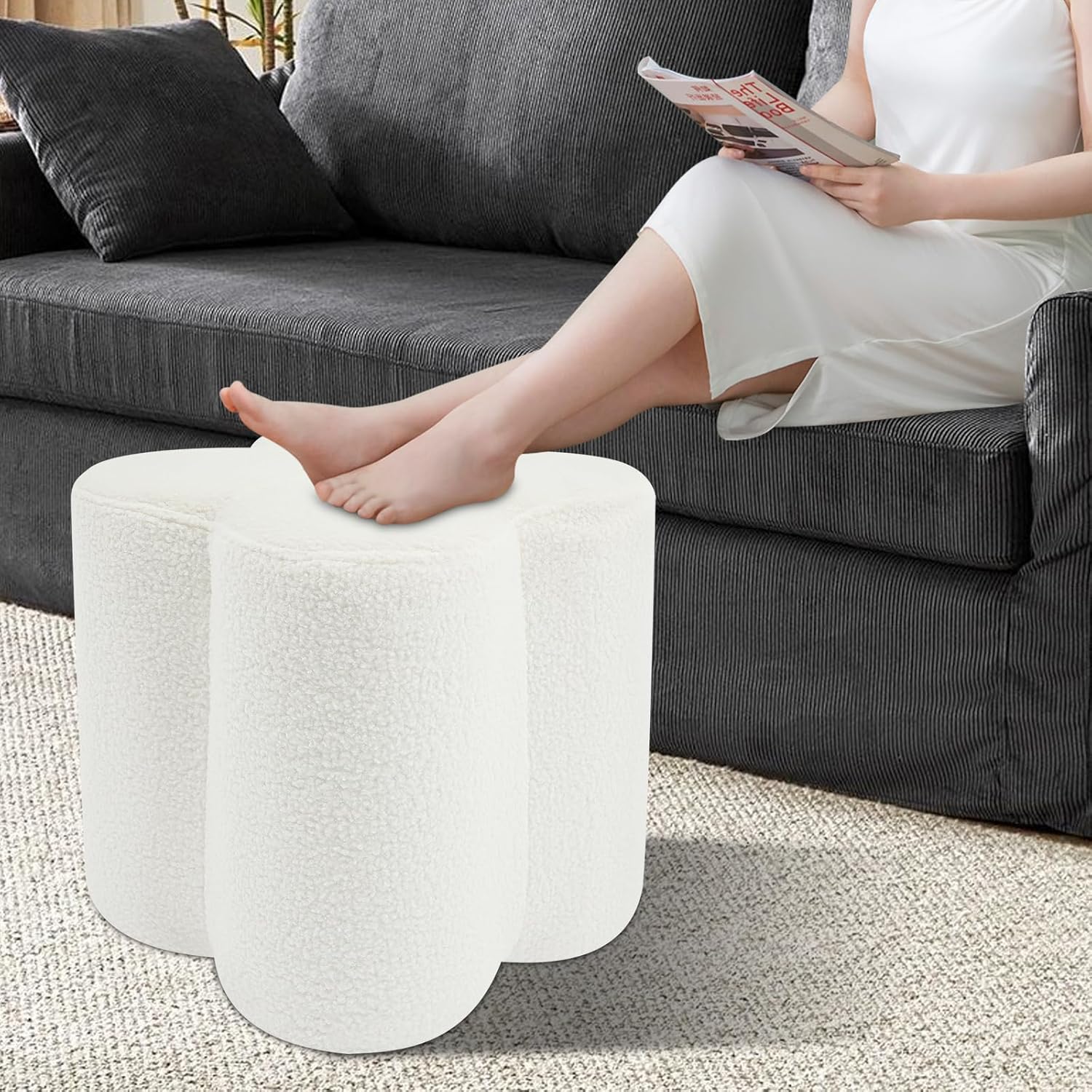 Eapmic Pouf Ottoman, Flower Footrest Vanity Stool, 14.96"x15.74" Footstool Ottomans, Decorative Floor Poufs Foot Rest for Couch Bedroom Living Room Makeup Room Entryway (White)