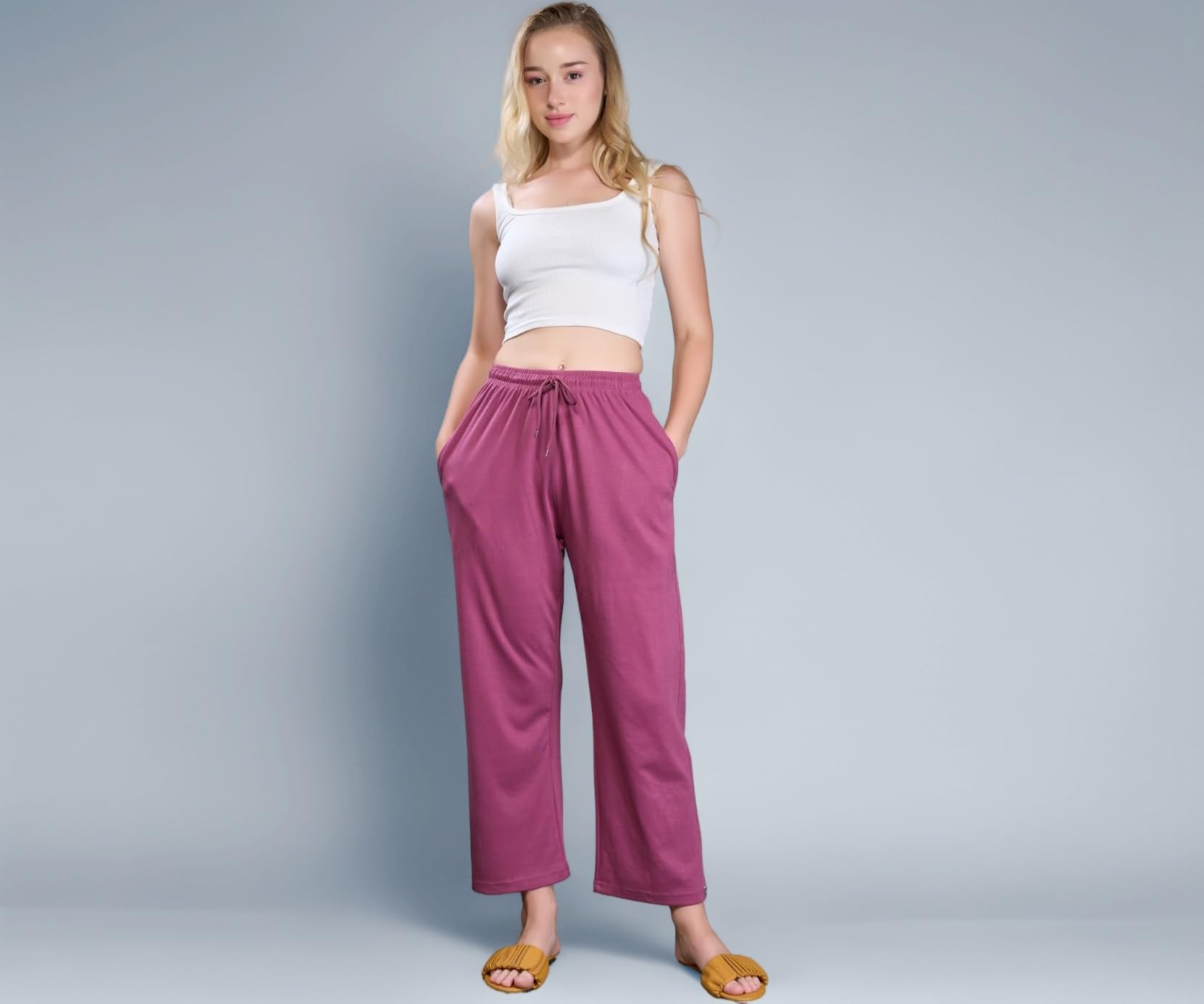 CUPID Women's High Rise Cotton Straight Pant,Stretchy Parallel Leg Pyjama for Night wear_L to 5XL