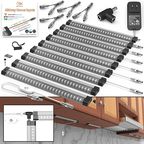 EBD Luces LED para debajo del gabinete, cable ajustable integrado, entrada intermedia, luces para fregadero de cocina, 9 unidades, 4050 lúmenes,