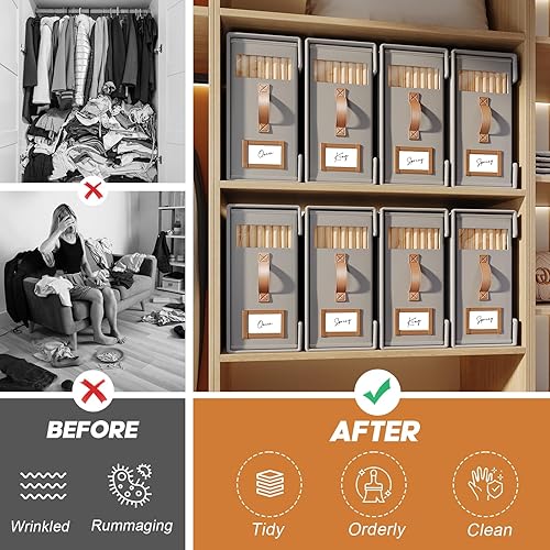Miniatura 2 de BigPonPon Paquete de 6 organizadores de sábanas y almacenamiento (tamaño Cal King) con asas de cuero, organizador plegable de lino con ventana