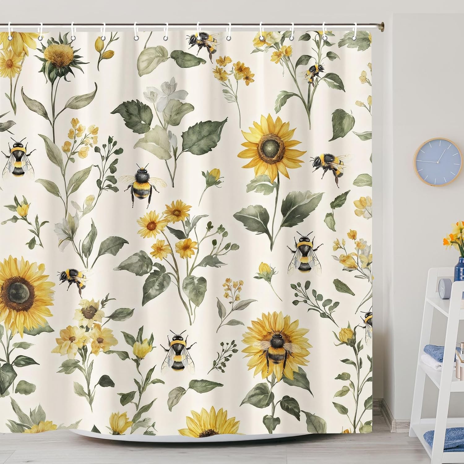 Rustic Boho Sunflowers Bee Shower Curtain, Vintage Chic Country Floral Botanical Floral Plant Farmhouse Cottagecore Aesthetic Shower Curtain Set with Hook, Beige Yellow Bath Curtain 72X78 Inch