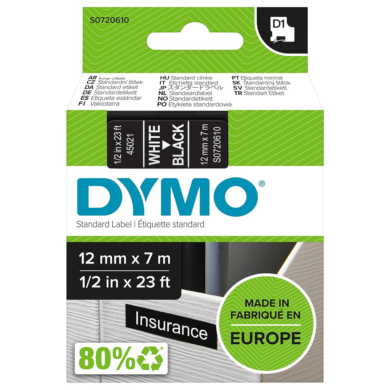 DYMO Authentic D1 Labels, White Print on Black Tape, 12mm x 7m, Self