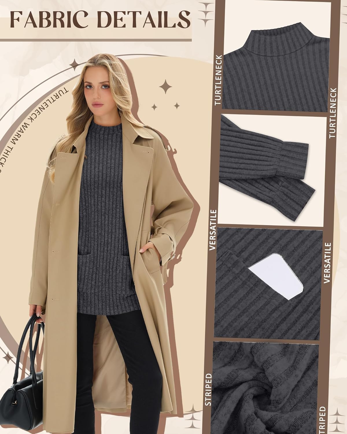 3 Pack Women's Long Sleeve Mock Neck Sweaters, Ribbed Knit Long Tops Turtleneck Loose Fit Tunic Shirt with Pockets - Image 6