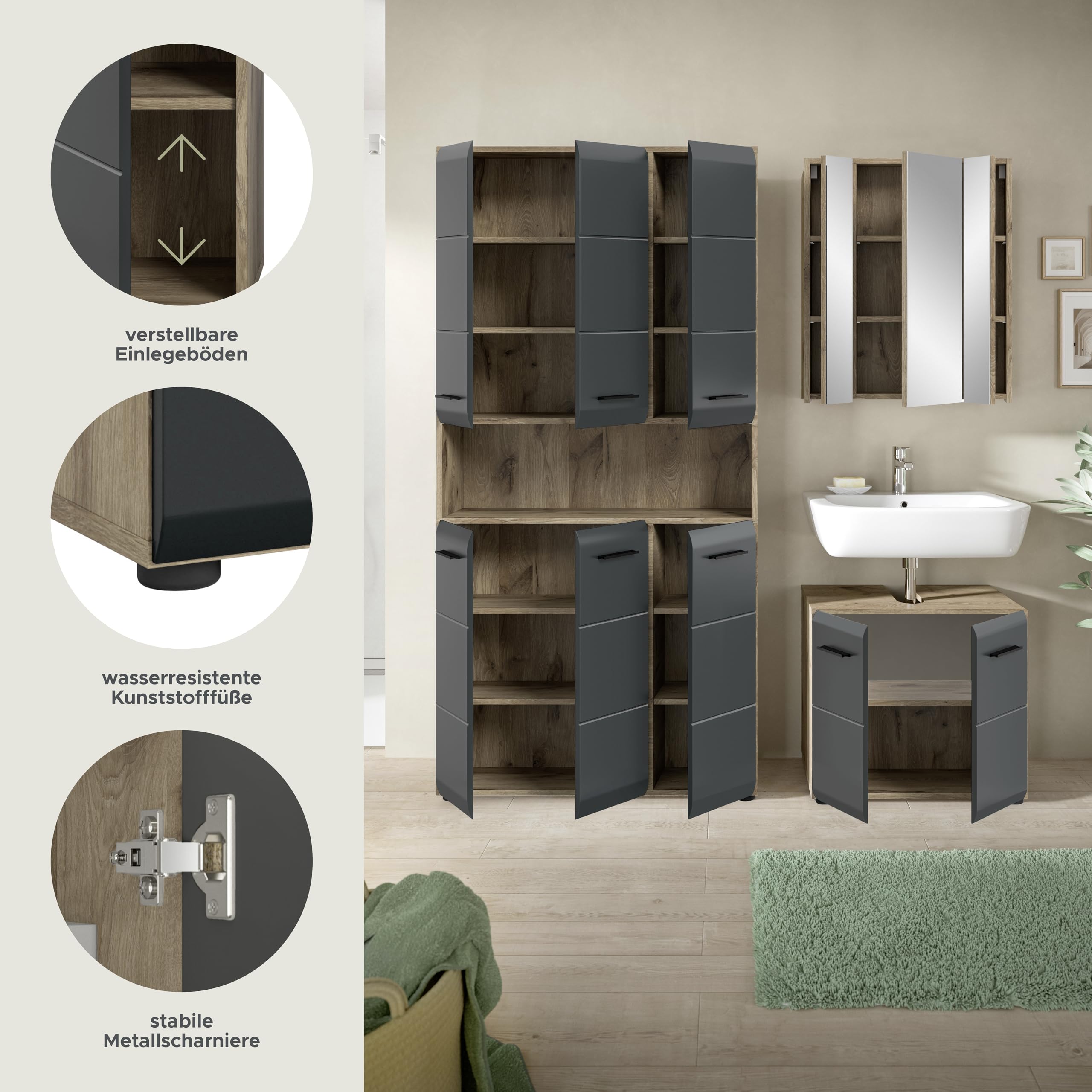 xonox.home – 3 TLG. Kompakte Badkombination Ice 165x185x30 cm in Korpus Nox Oak Nachbildung und Front schwarz matt – Stilvolles Möbel-Set für Moderne Badezimmer – pflegeleicht & funktional