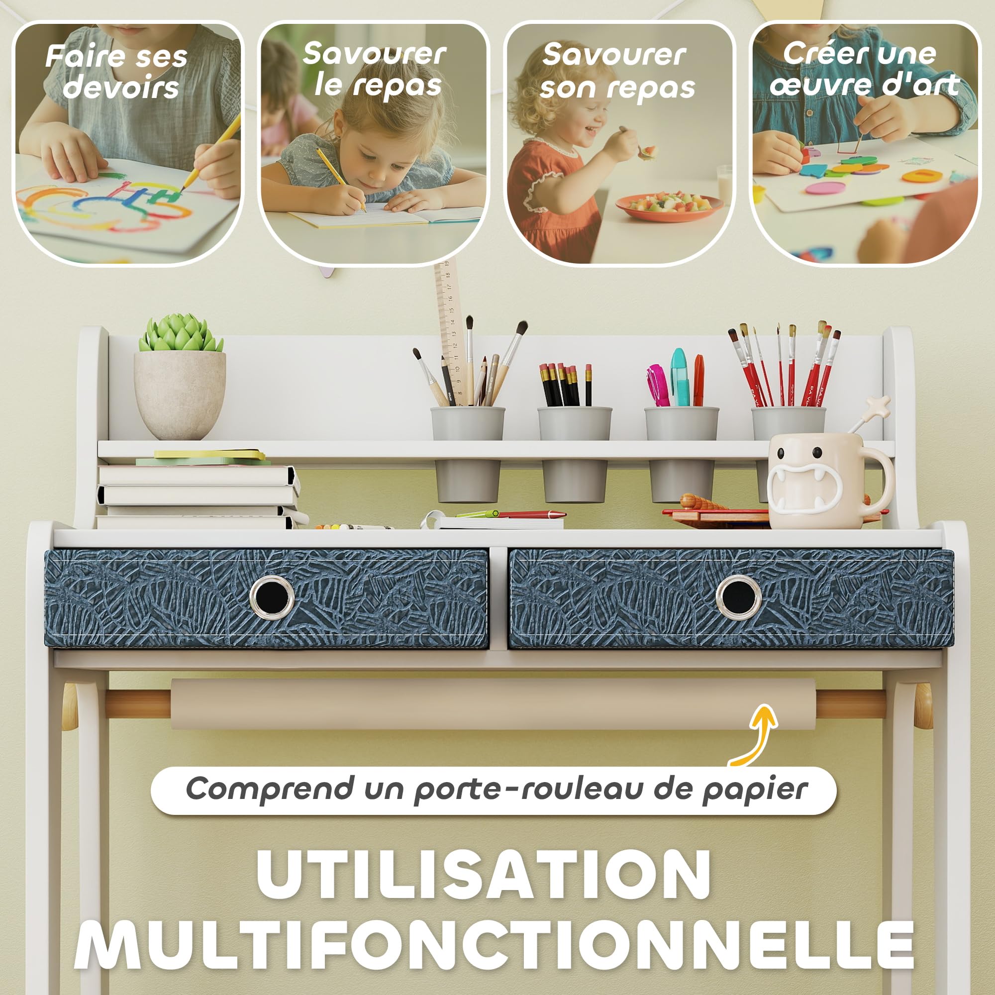 AIYAPLAY Bureau Enfant avec Chaise, Table avec 2 tiroirs en Tissu, étagère et Porte-gobelet, Blanc, pour 3-8 Ans