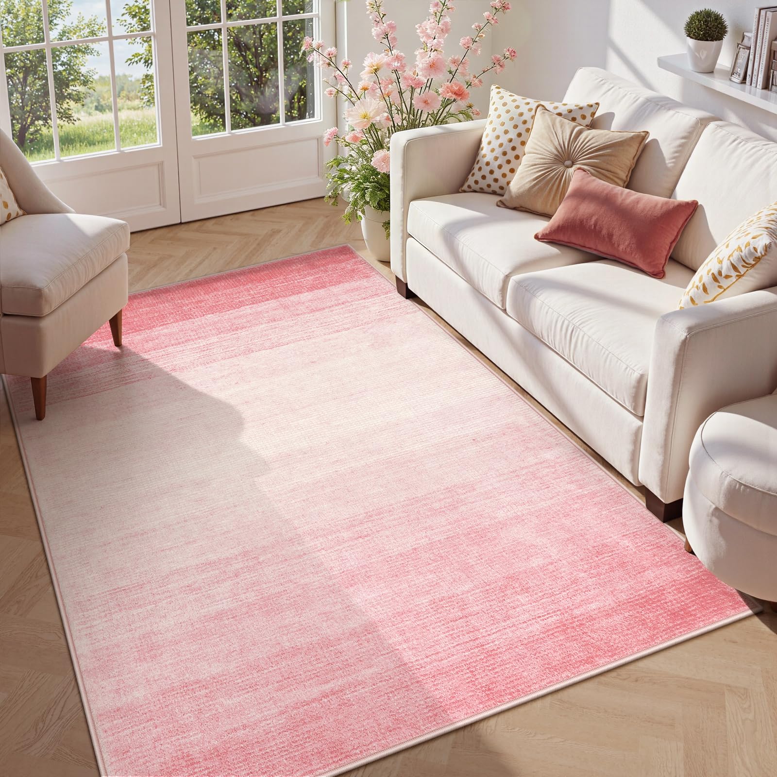 Wonnitar Pink Washable 4x6 Rug, Modern Ombre Rugs for Girls Bedroom, Soft Non-Slip Nursery Area Rug, Contemporary Non-Shed Kids Room Low Pile Throw
