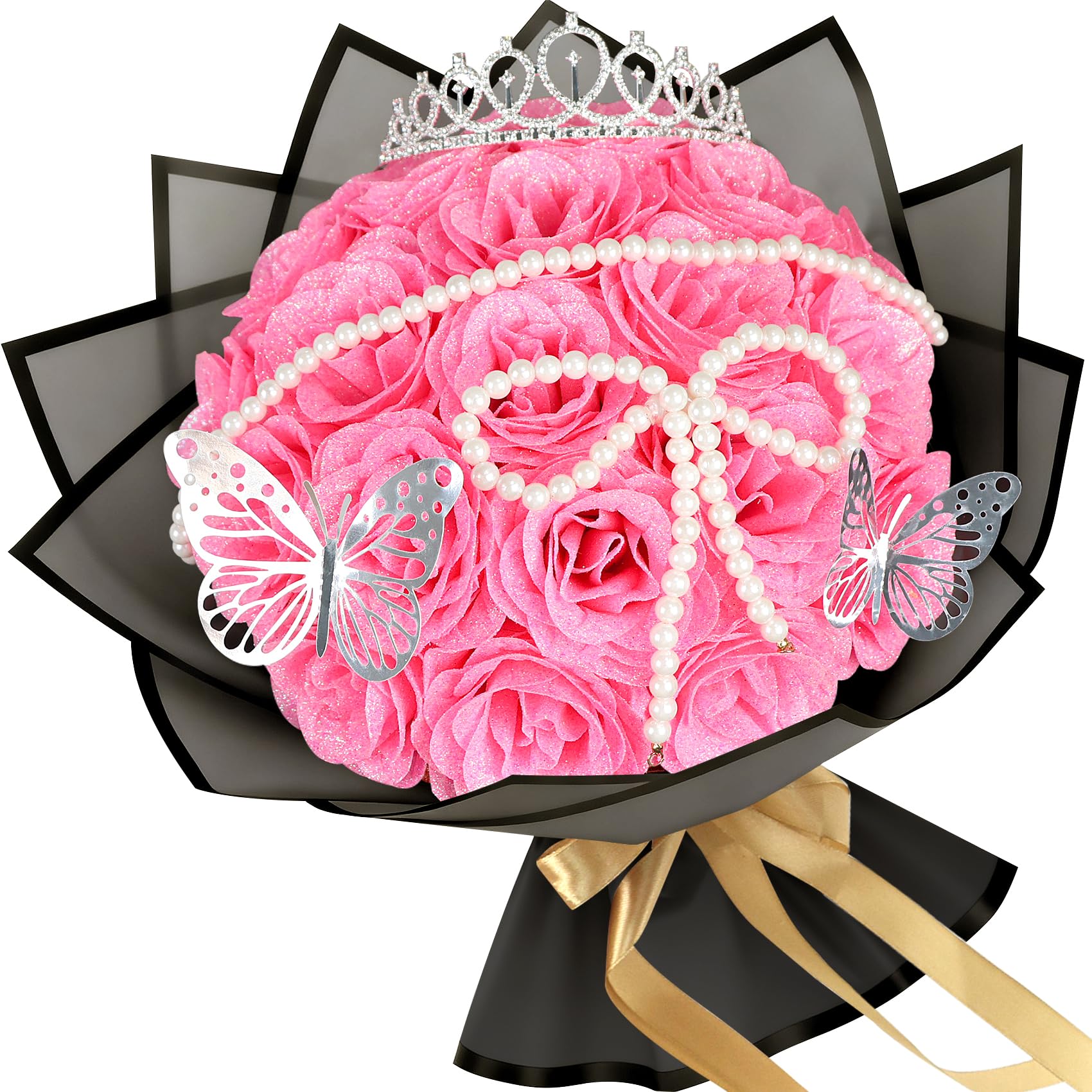 Bouquet de roses artificielles scintillantes en soie déco anniversaire et Saint-Valentin x24
