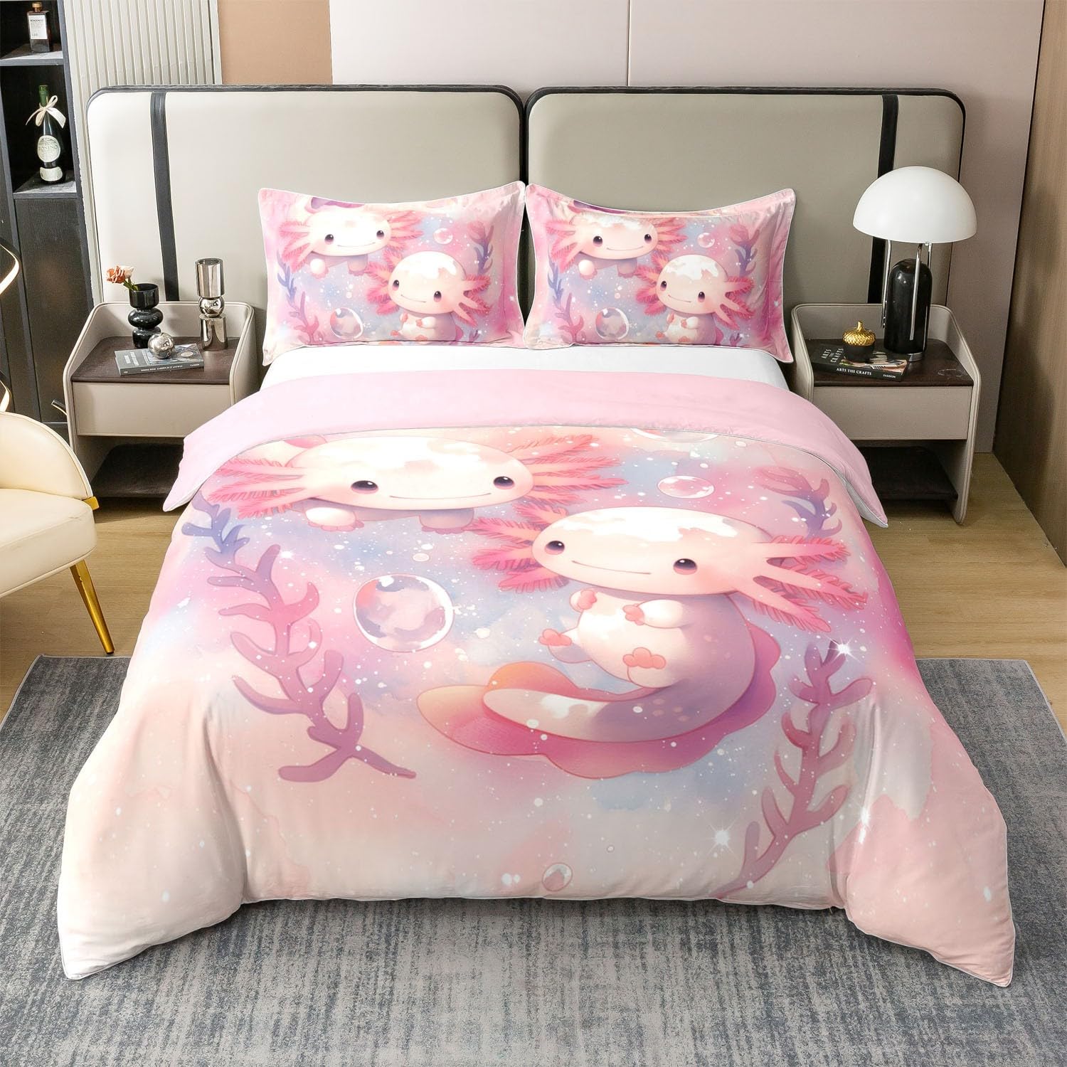Homemissing Axolotl Baumwolle Bettwäsche Set 135x200cm Nette Bettbezug Set für Jungen Mädchen Kawaii Ozean Sealife Betten Set Light Pink