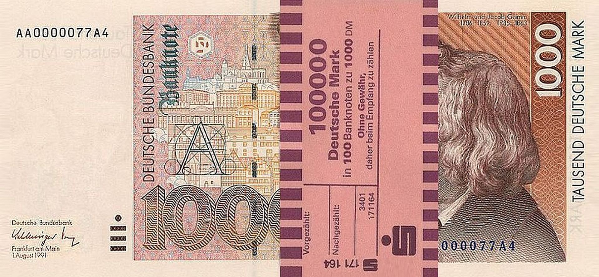 *** 100 x 1000 DM, Deutsche Mark, Geldscheine 1991, mit Banderole - Reproduktion ***