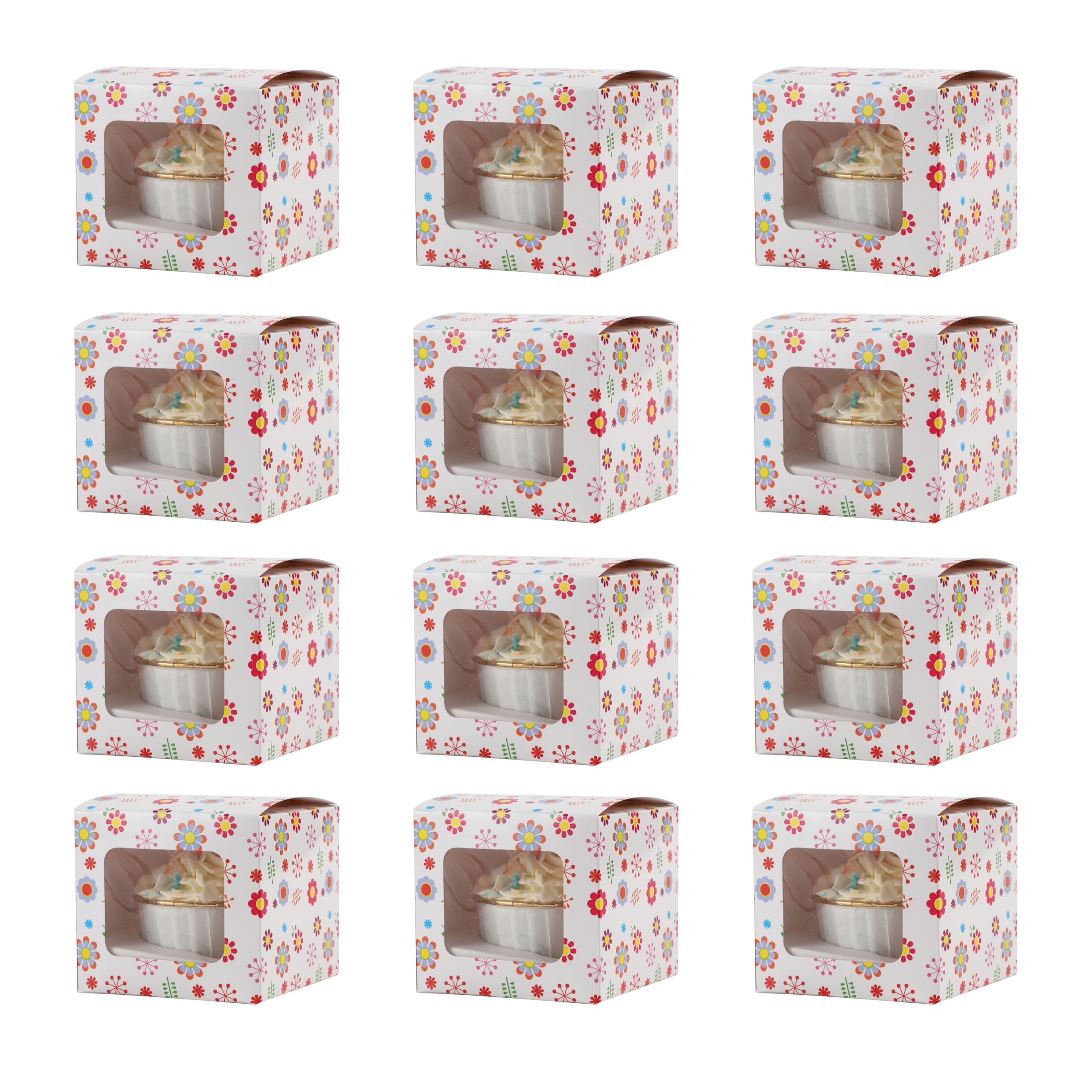 Komonee 100 x Cupcake Boxes Individual Pattern Single Fairy Cup Cake With Clear Window Cardboard Packaging Box Baking Kids Muffins Cookies Brownies Christmas Bake Weddings