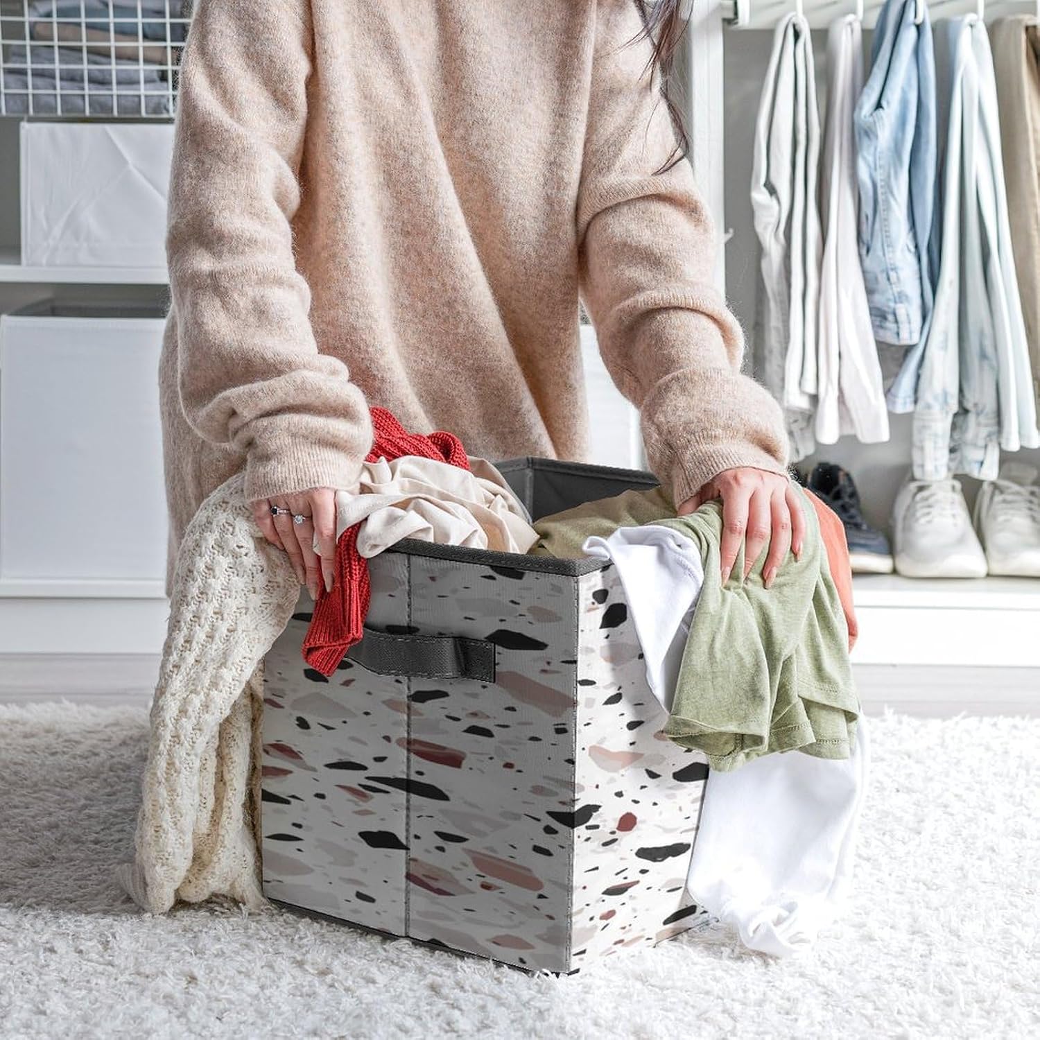 Red Terrazzo Fabric Bins Storage Basket Square Baskets | Storage Bin with Double Handles,Cube Collapsible Organizers for Organization,Closet,Shelves,Offices