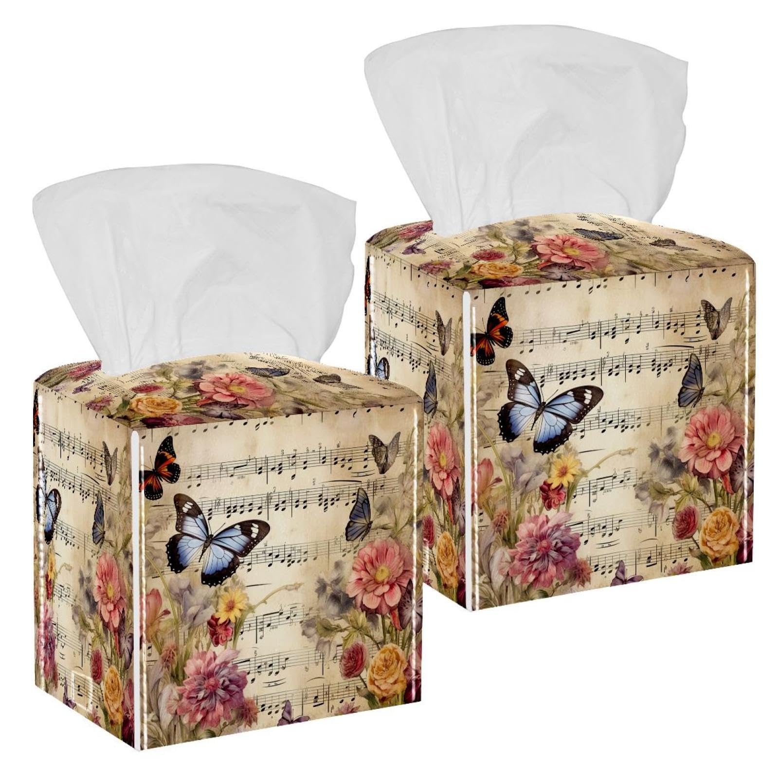 Floral Music Notes Tissue Box Cover, 2 Pack PU Leather Square Facial Tissue Dispenser Box holder for Home Office Car