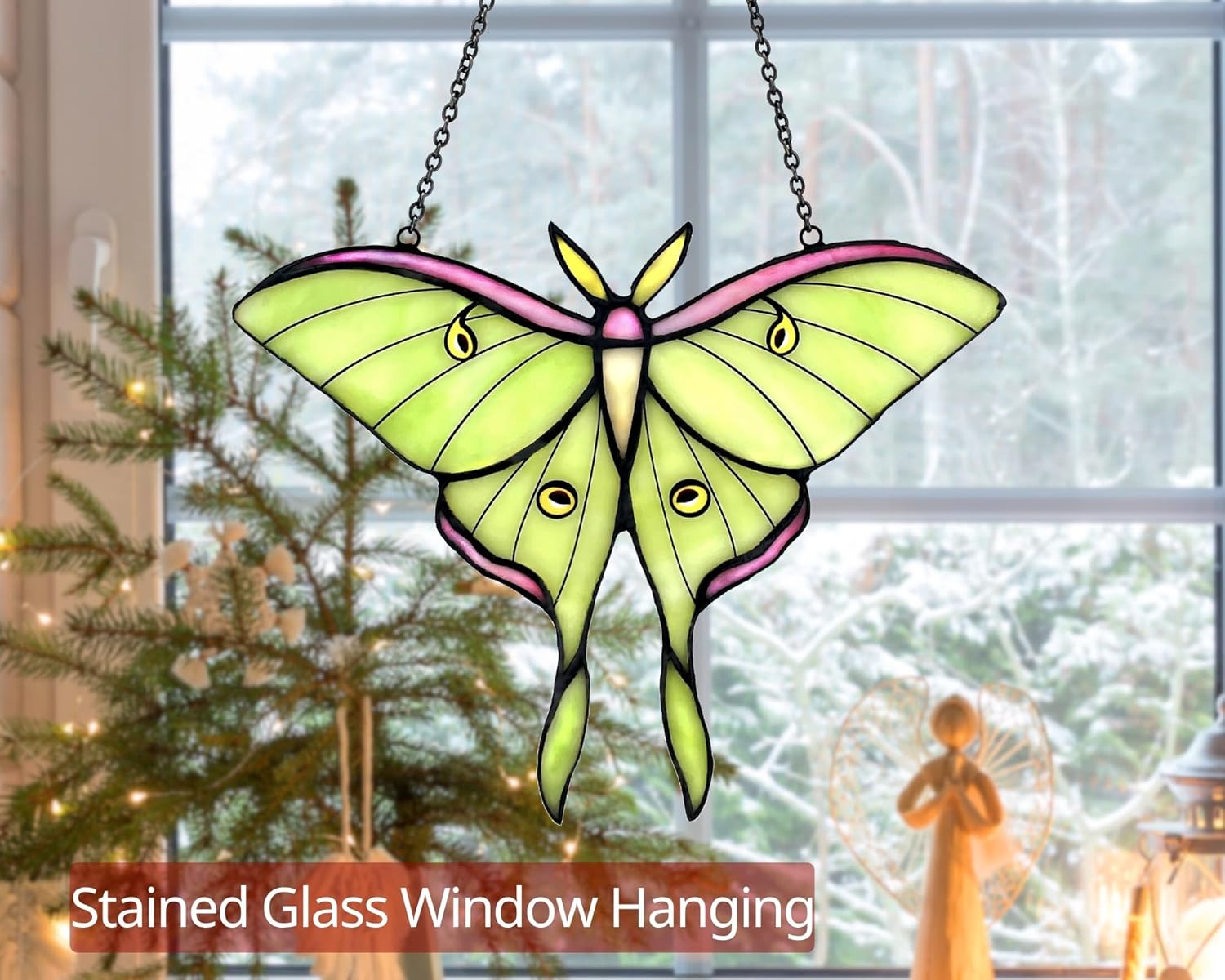 Luna Moth Stained Glass Window Hanging - Handmade Suncatcher Real Glass - Light Green Butterfly Light Catcher Elegant Gifts for Mother, Women, Grandma (Gifts-Box provided) - Image 2
