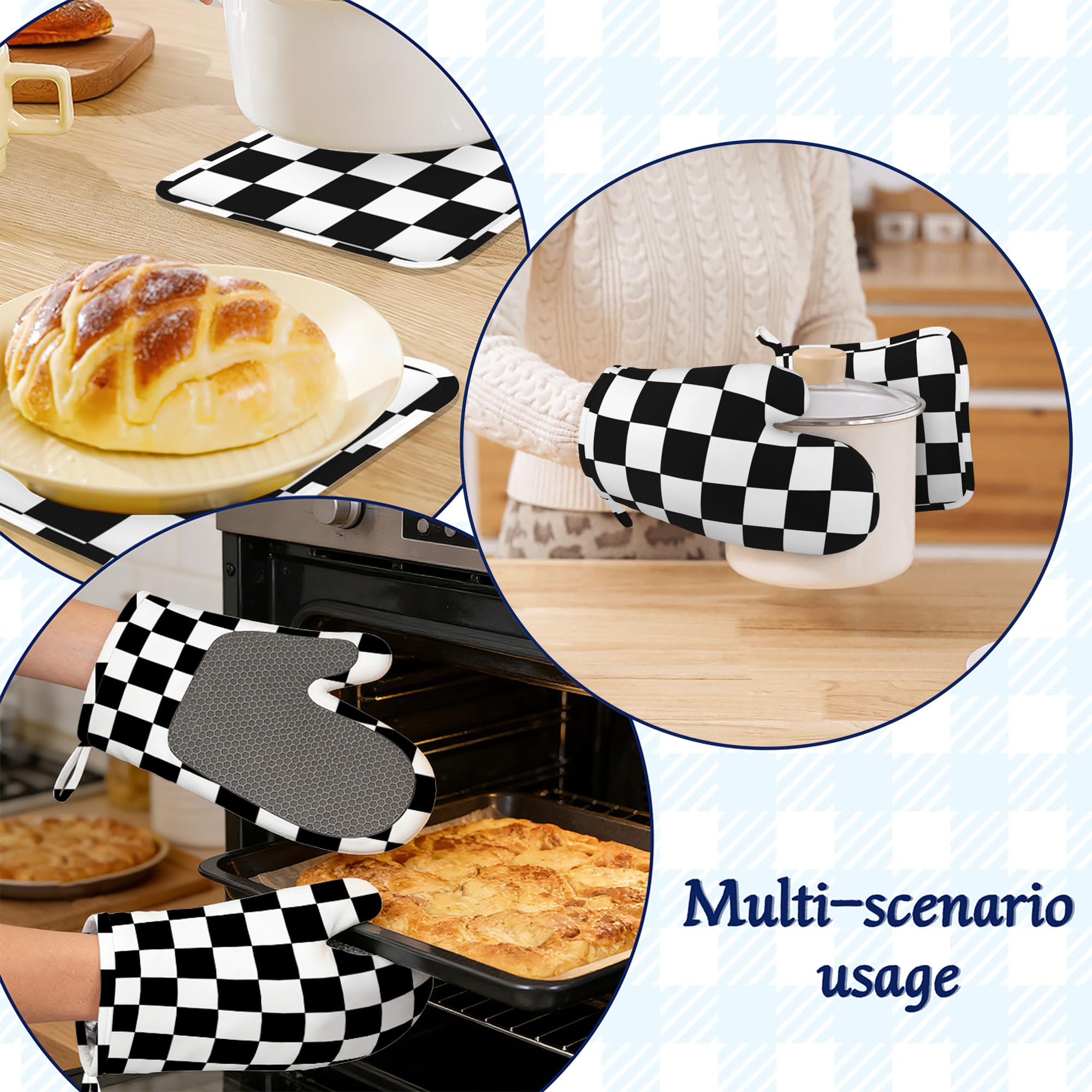 Ofenhandschuhe und Topflappen, Set mit 4 Stück, Büffelkaro, hitzebeständig, Silikon, Ofenhandschuhe, rutschfeste Küchenhandschuhe, Topflappen zum Kochen, Backen, Grillen, BBQ
