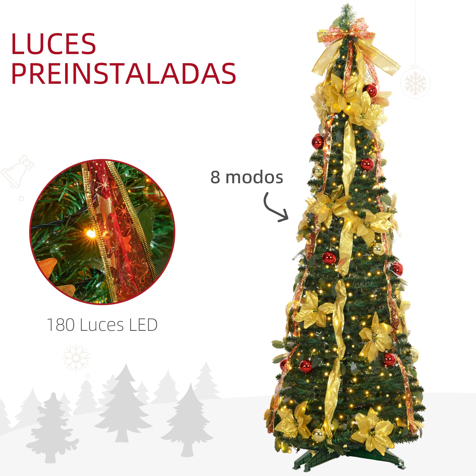 HOMCOM Árbol de Navidad 180 cm con Luces LED Artificial Plegable con Adornos Pre-instalados Árbol Navideño para Interior Verde
