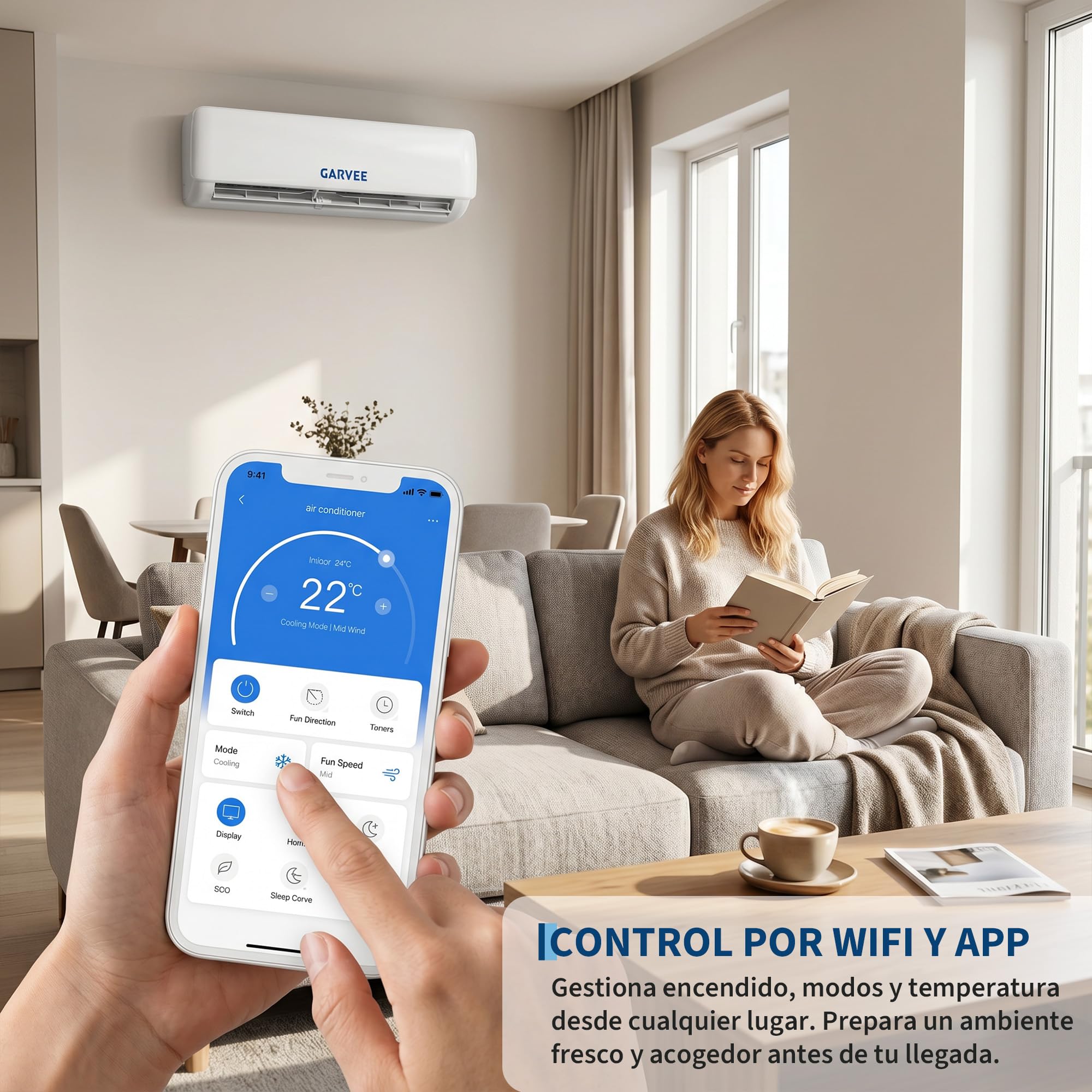 Garvee Aire Acondicionado Split 24000BTU - 7.2KW/24000 frigorías - Aire Acondicionado Pared con Mando a Distancia(WiFi/APP) - 5 Modos - Hasta 35 m² - Motor Inverter - Bomba de Calor - Refrigerante R32