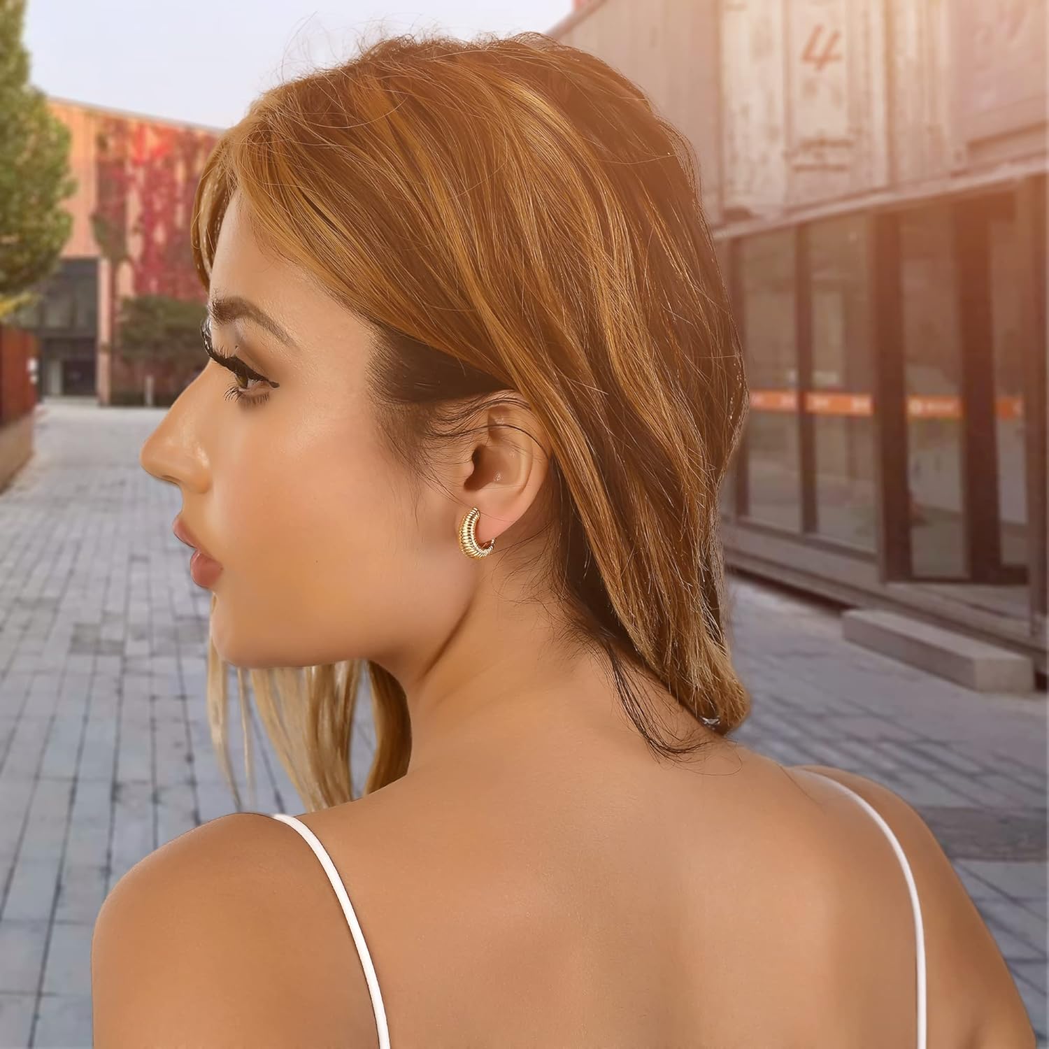 Small Huggie Hoop Earrings For Women, Real Gold Plated Croissant Square Round Earrings Lightweight Everyday Jewelry Hypoallergenic for Sensitive Ears - Image 2