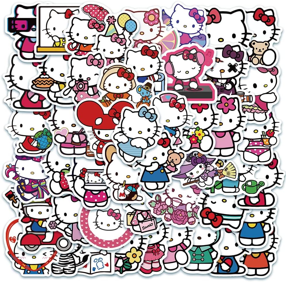 50Pcs Hello kittty Stickers Pack Kitty White Theme Waterproof Sticker Decals for Laptop Water Bottle Skateboard Luggage Car Bumper Cute Stickers for Girls Kids Teens