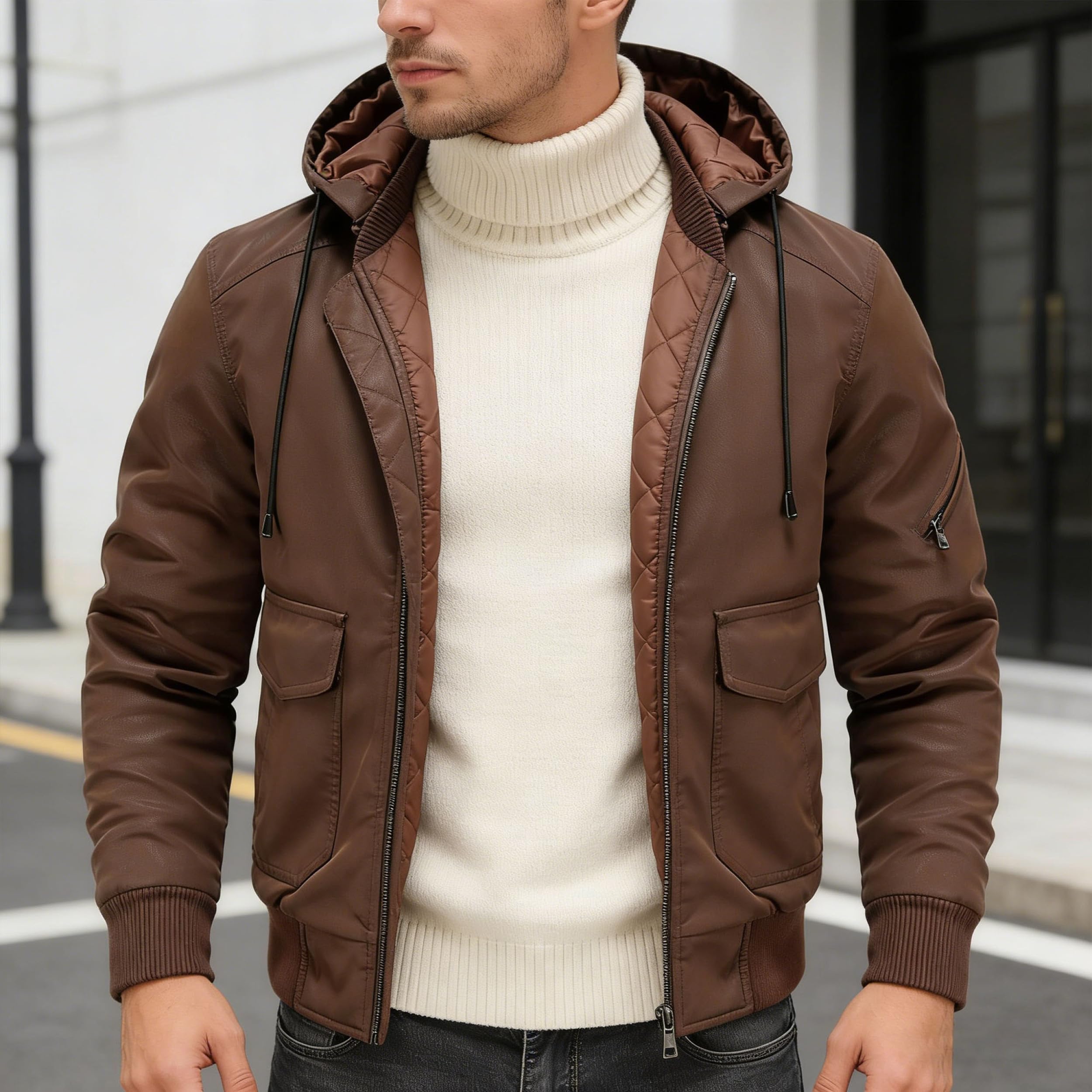 Abrigos para hombre Chaqueta bomber de motociclista con cremallera de piel sintética para hombre con capucha extraíble