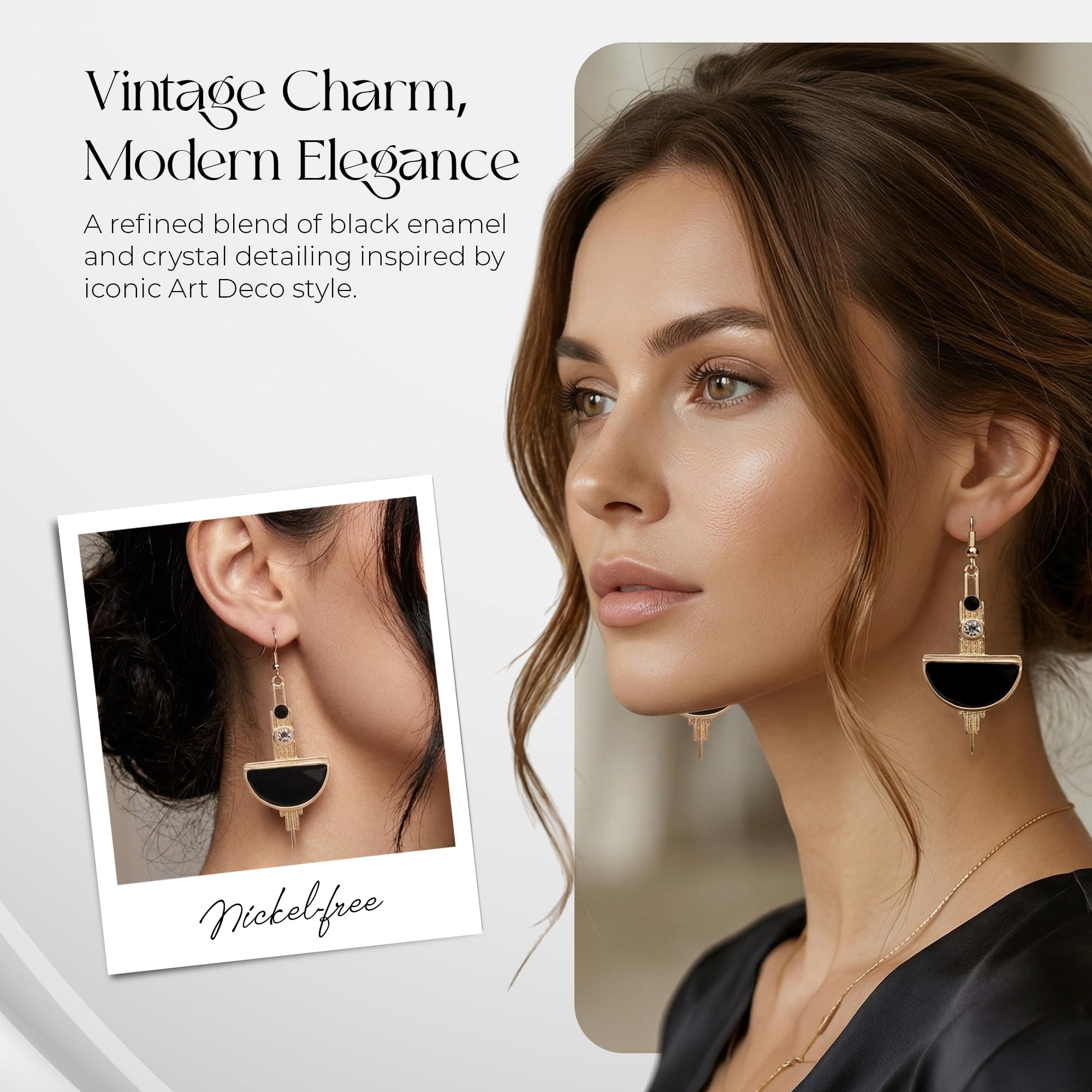 LOVETT& CO Art Deco Black Enamel Earrings - Vintage Crystal Drop Earrings, Elegant Diamante Dangle Earrings for Women, Antique Style Jewellery