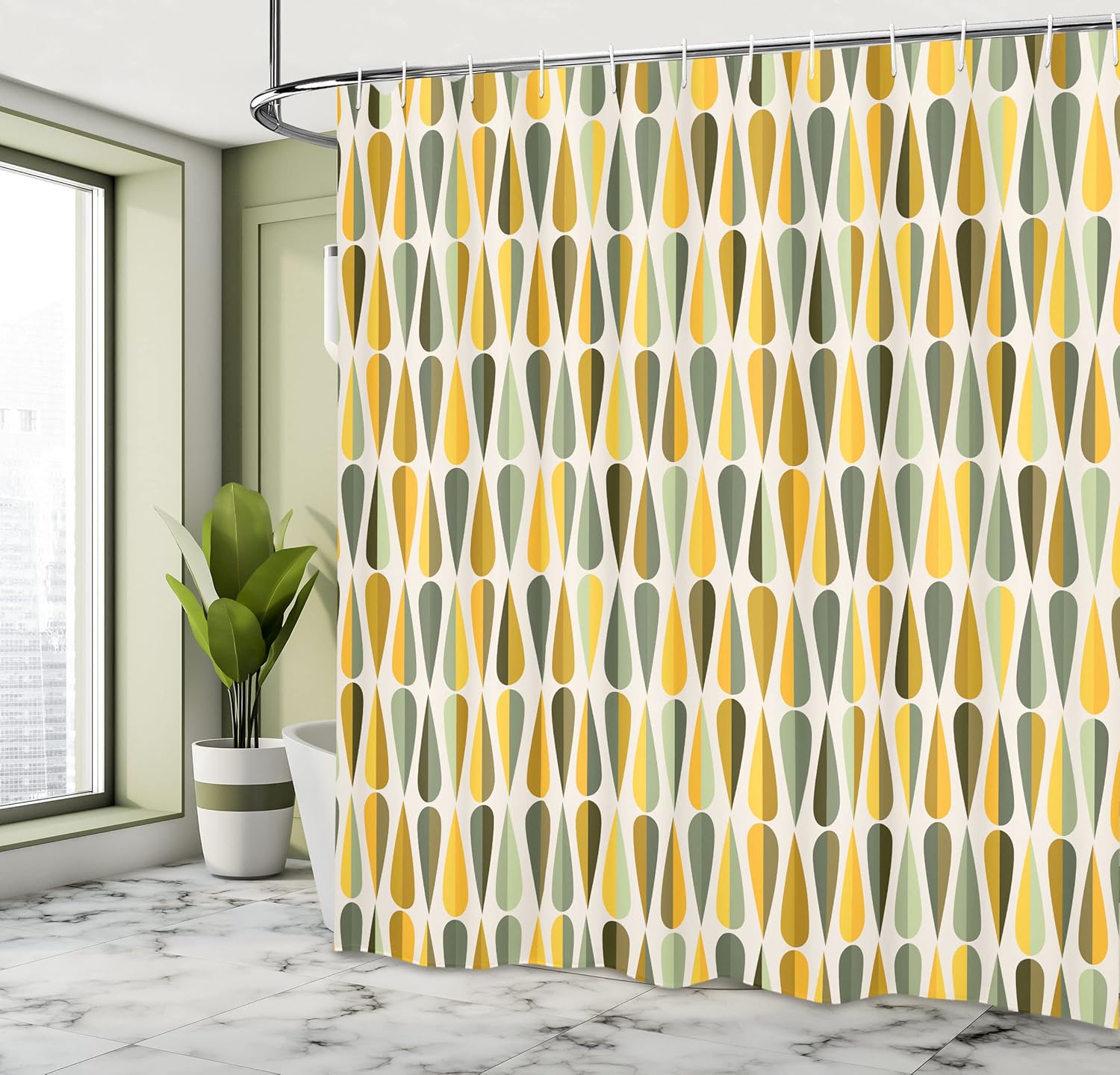 Ambesonne Retro Shower Curtain, Sixties and Seventies Style Geometric Round Shaped Repeated Symmetric Design, Cloth Fabric Bathroom Decor Set with Hooks, 69" W x 75" L, Pastel Yellow