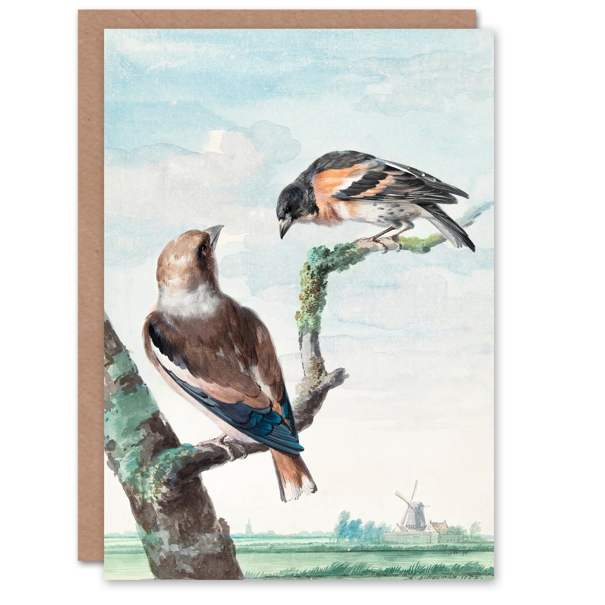 Artery8 Aert Schouman Art Card Two Hawfinch Birds in Rural Landscape