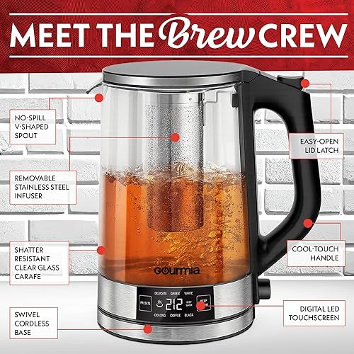 Miniatura 6 de Gourmia Hervidor digital programable de vidrio  Hervidor eléctrico de temperatura ajustable de 1.7 L con 6 ajustes preestablecidos, mantiene el