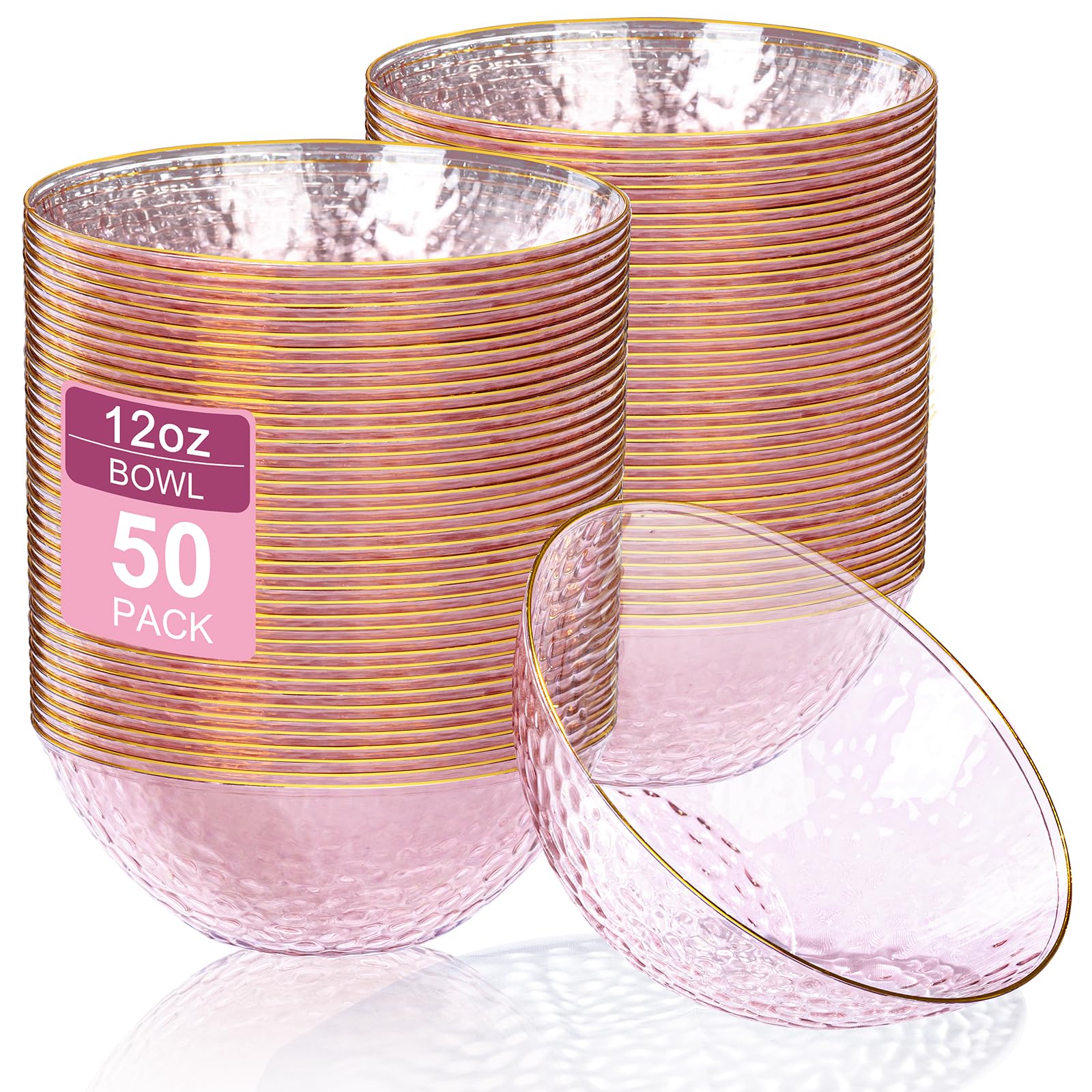 Photo 1 of Rubtlamp 50 Pack Clear Pink Disposable Bowls, Clear Plastic Bowls with Gold Rim, 12-16oz Premium Heavy Duty Plastic Dinner Bowls for Party, Wedding and Holiday