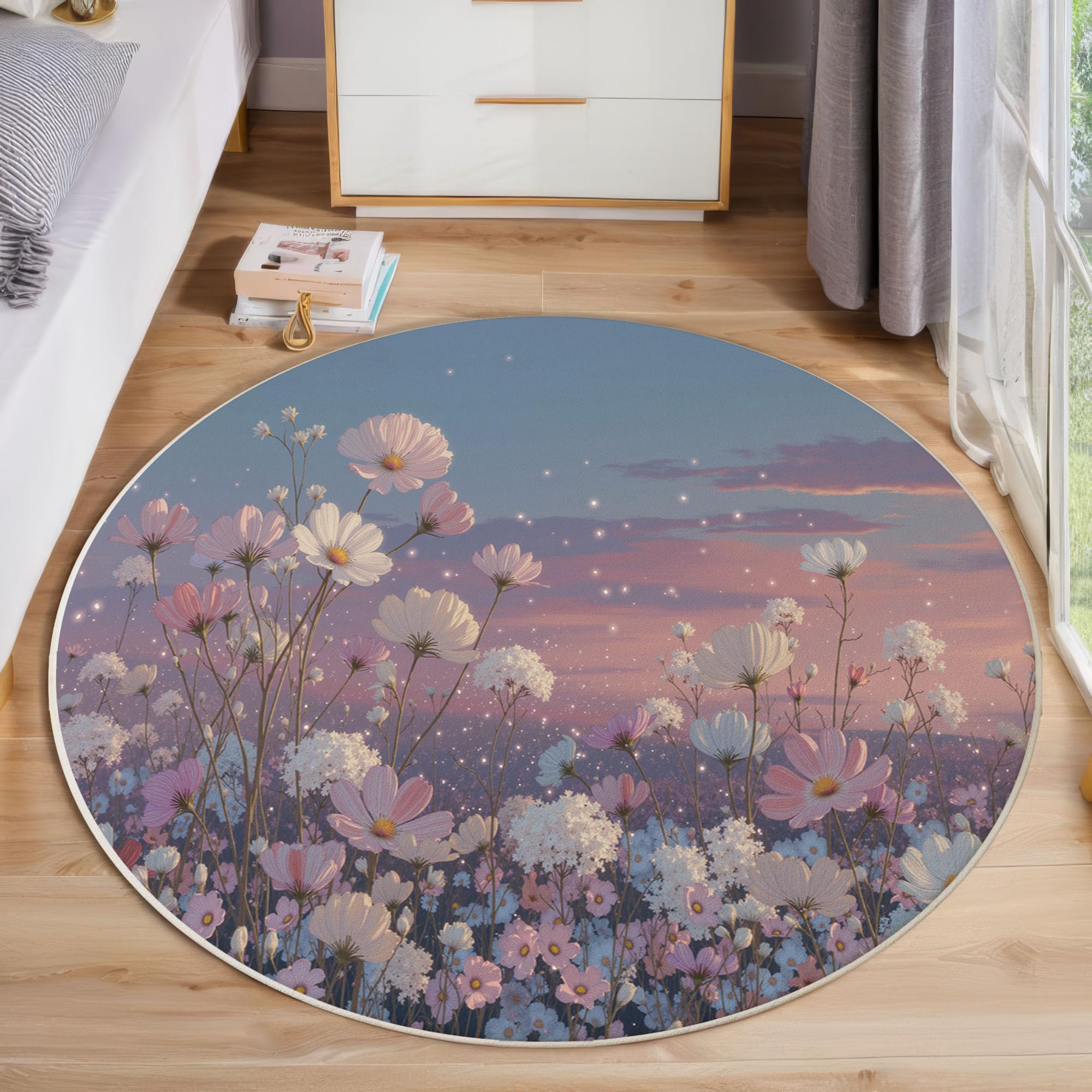 Tapis Rond De Chambre D'Enfant 160 Cm - Fleurs Romantiques Au Clair De Lune Bleu Poudré - Motif Plantes Oniriques - Moelleux Et Antidérapant - Tapis De Salon À Poils Courts - Lavable - Moderne Doux