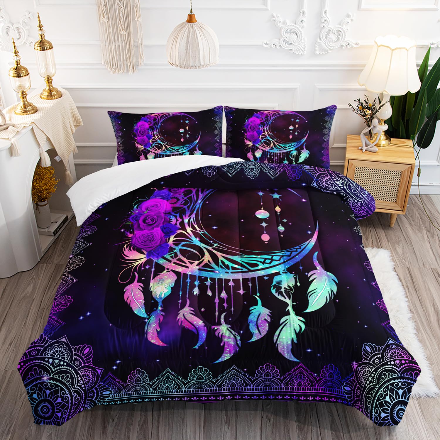 AILONEN Purple Galaxy Moon Comforter Set, Mandala Bohemian Bedding Set Full Size,Moon Dream Catcher Starry Comforter Boys Girls Bed in a Bag Duvet Set, 1 Quilt and 2 Pillowcases