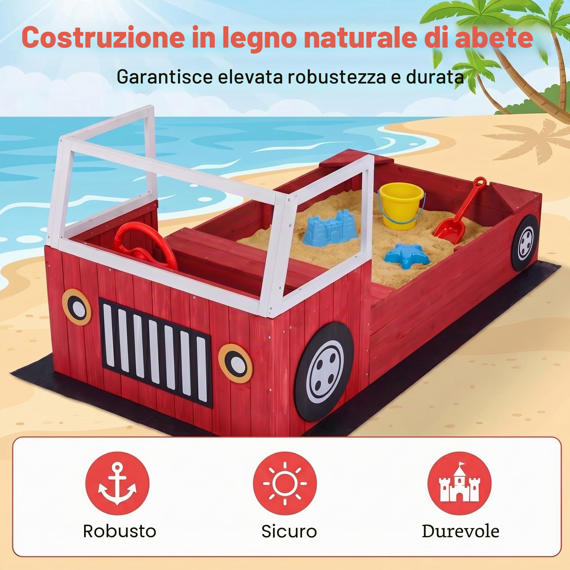 HOMASIS Sabbiera per Bambini in Legno, Sabbiera da Esterno a Forma di Autopompa con Panca, Sedile, Volante e Fodera, Gioco da Spiaggia per Cortile e Giardino, per Bambini 18+ Mesi, 156 x 80 x 70 cm