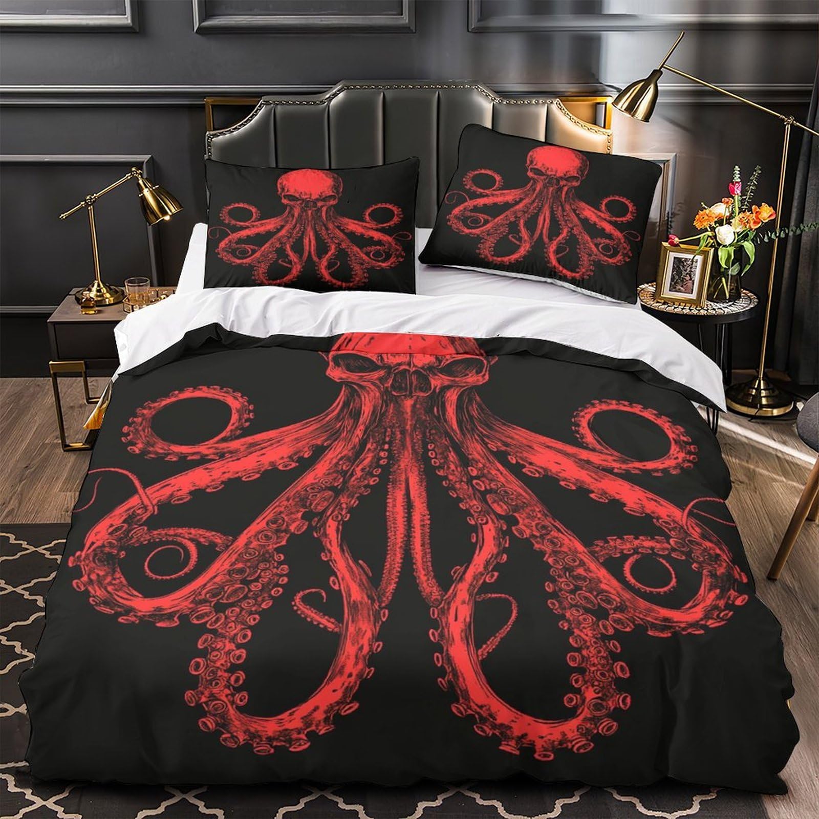 Housse de couette pieuvre crâne rouge 3D, cadeau idéal pour passionnés de design dark fantasy