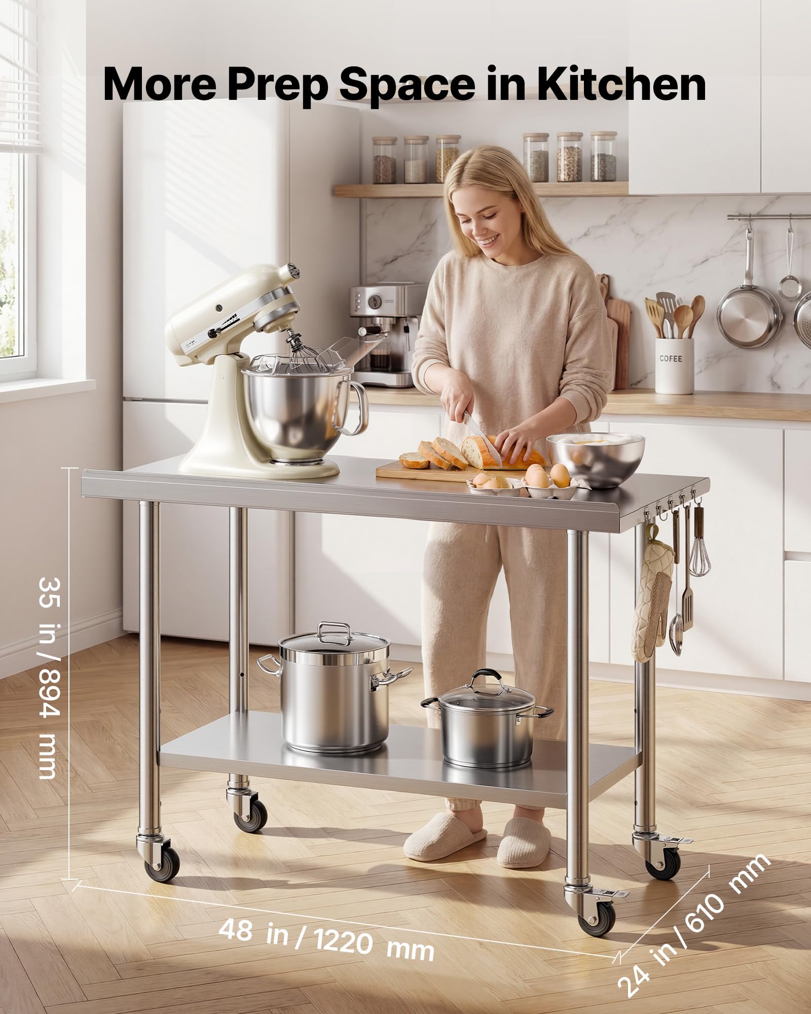 VEVOR Mesa de Trabajo de Acero Inoxidable 2 Niveles, Mesa de Preparación con Ruedas 122 x 61 x 89,4 cm, Estante Inferior Ajustable, Protector contra Salpicaduras, para Restaurantes, Bares, Hoteles