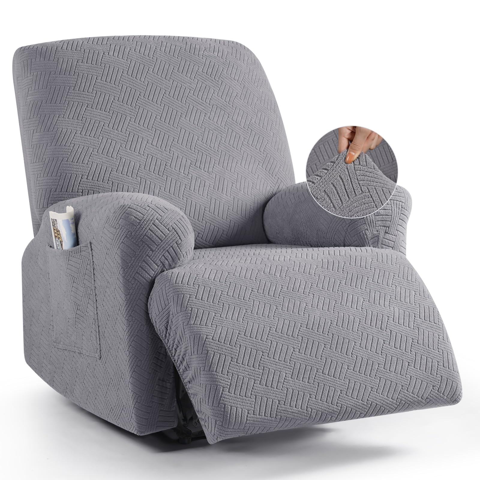 KinCam Funda Sillon Relax reclinable, Funda para Sillón Relax de Jacquard, Funda Sillon orejero Funda Elástica con Bolsillo para Perros y Mascotas, Suave y Lavable Funda Sofa 1 Plaza Gris Claro