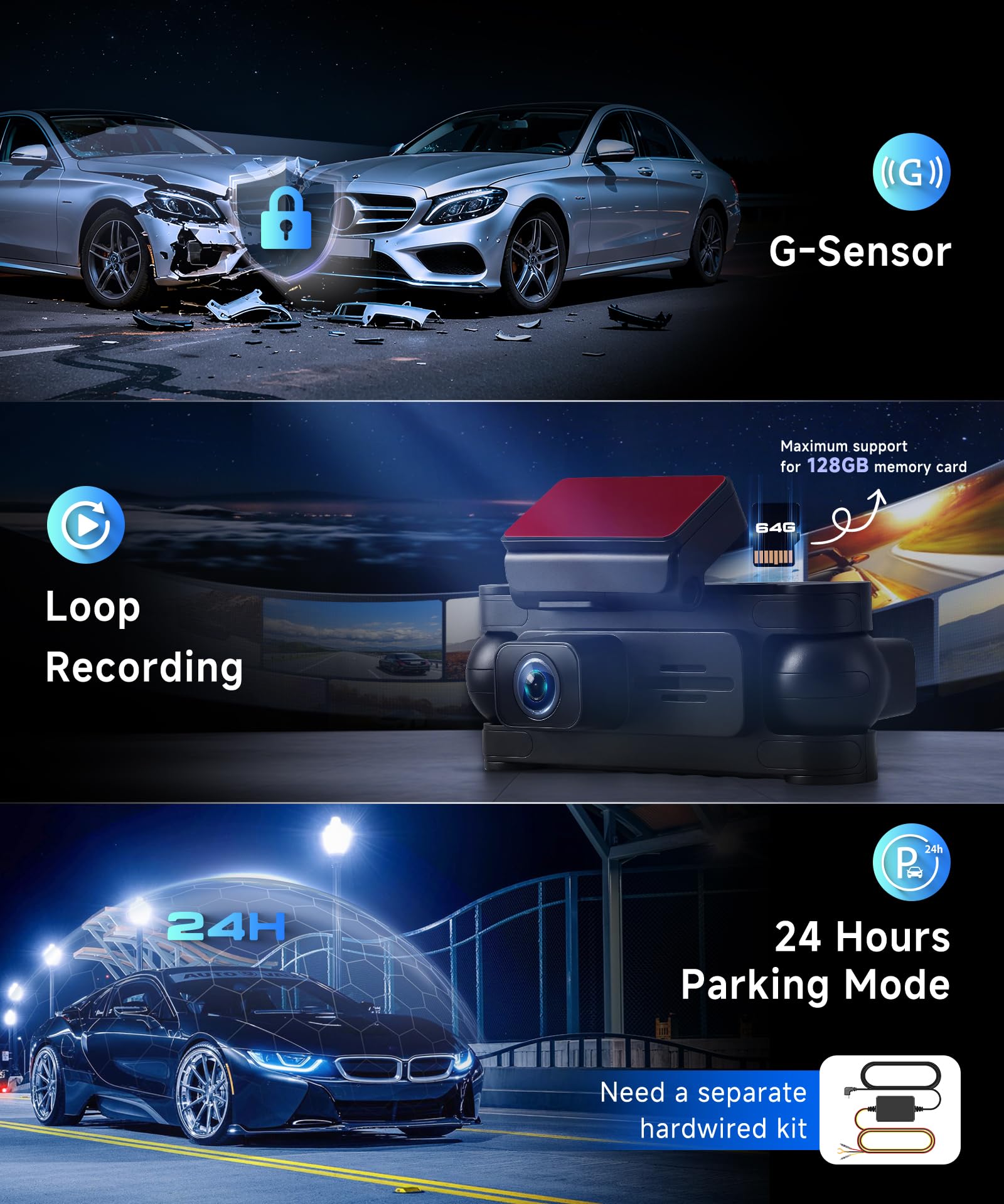 VECHTEL Cámara de salpicadero 2K para Coche, Delantera y Trasera, con WiFi, 1080P,4 cámaras de salpicadero con Pantalla IPS de 3 Pulgadas,GPS,visión Nocturna, Sensor G, protección de 360°,64 GB TF