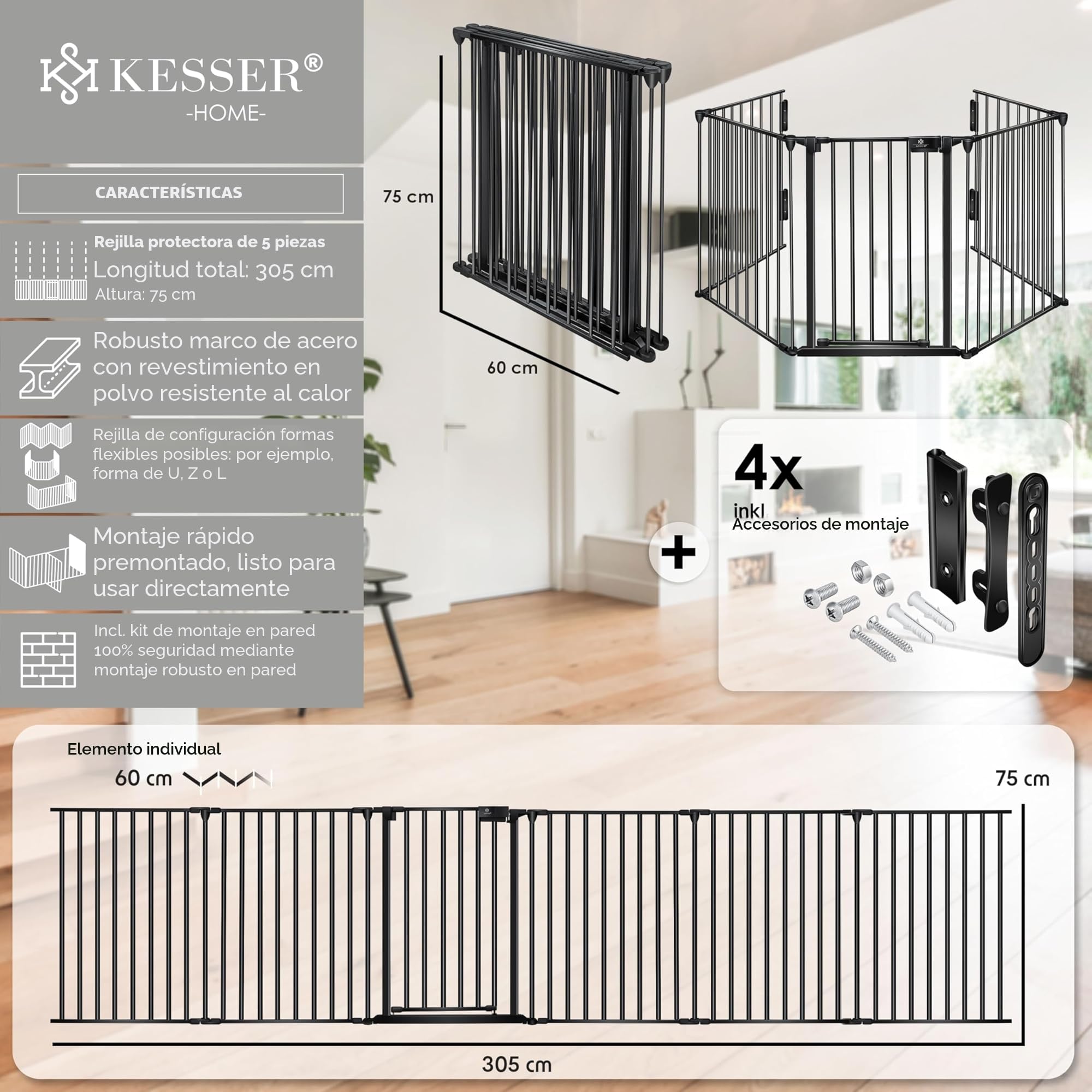 KESSER® Rejilla Protectora para Chimenea con Puerta de Metal, Rejilla de protección para el Horno, Parque Parque de Seguridad, Rejilla de Seguridad para niños, 305cm